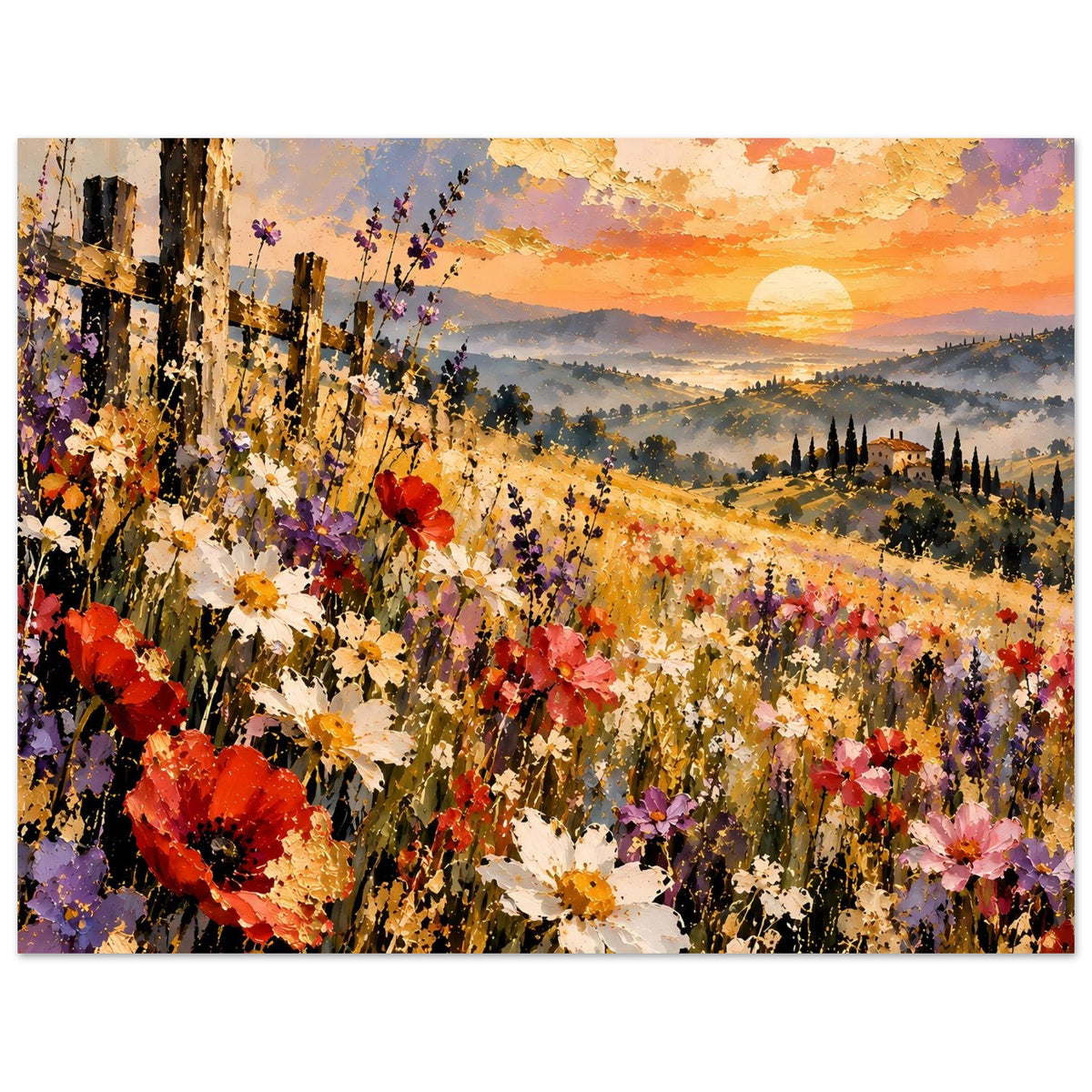 Rechteckiges Poster mit Blumenwiese im Abendrot, große Mohnblüten vorn und Sonne im Himmel