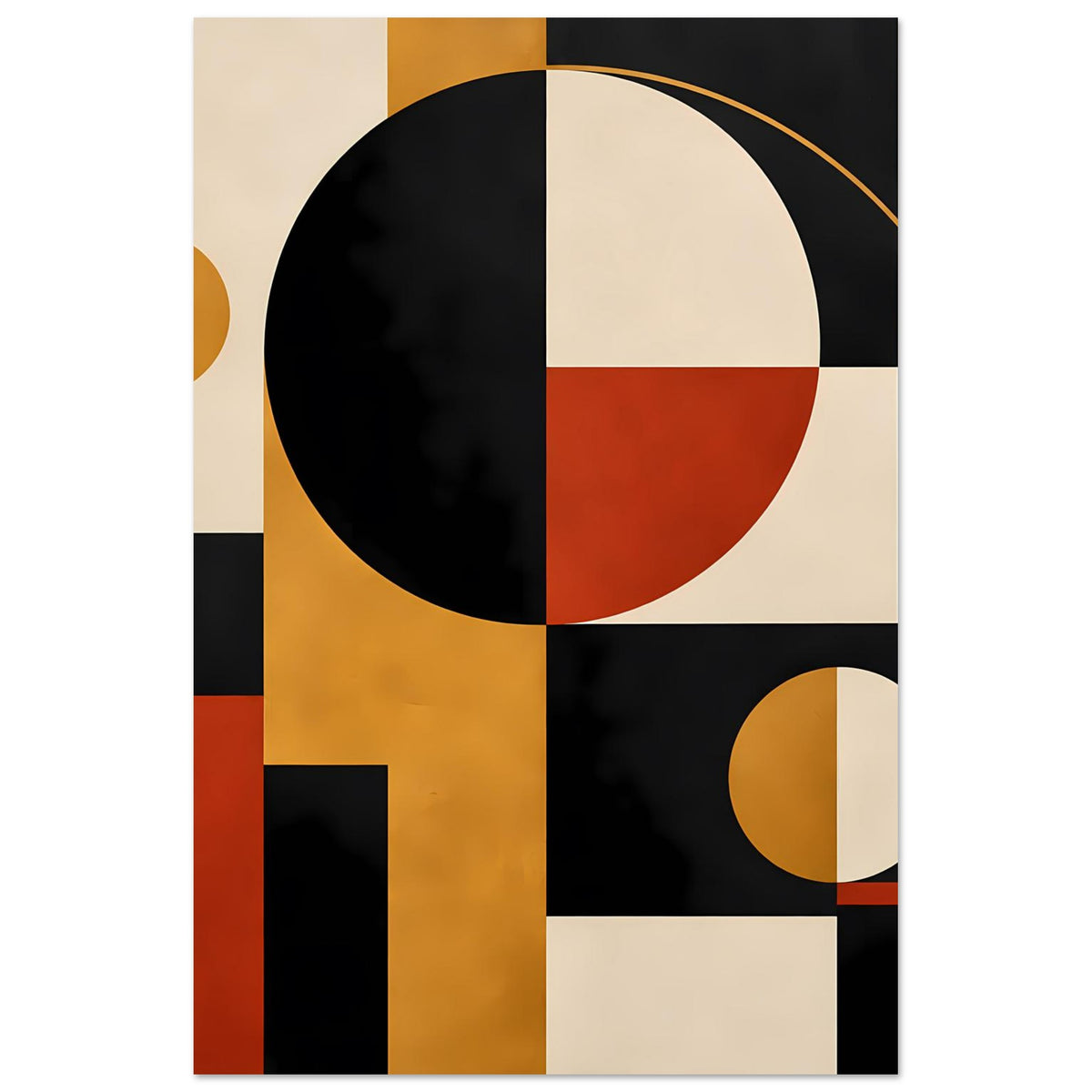 Geometrischer Kunstdruck mit großen Kreisen und Blockformen in Schwarz, Rot und Gelb