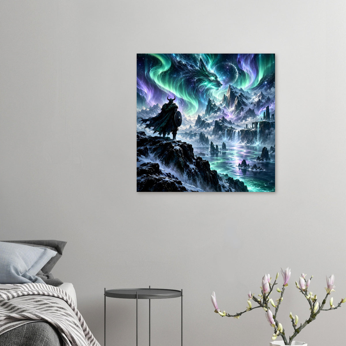 Fantasy-Poster klein: dunkler Krieger auf Felsen, Drachenkopf, Polarlichtbögen und eisige Küste