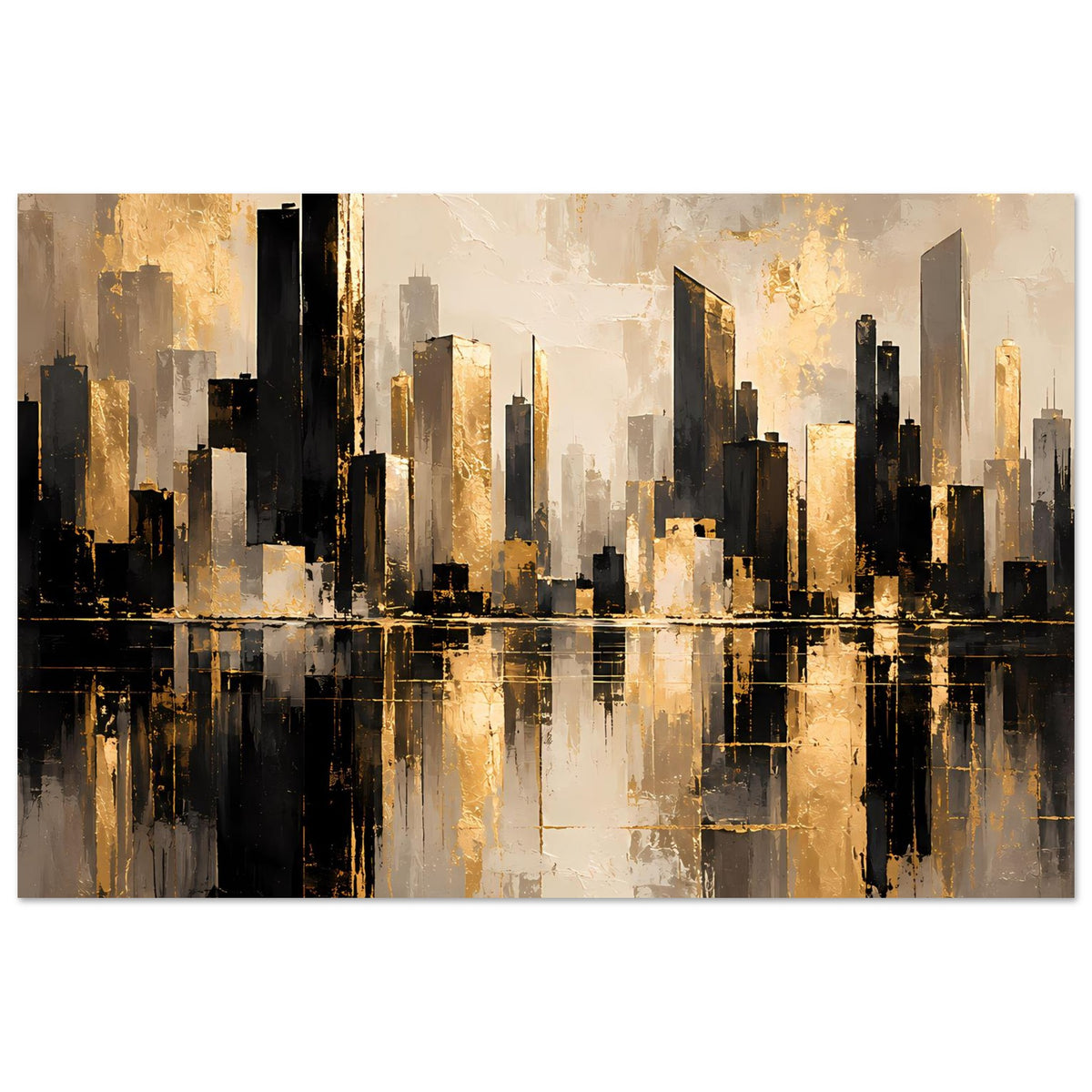 Abstraktes Stadtposter im Querformat mit gold-grauen Wolkenkratzern und reflektierender Wasserfläche