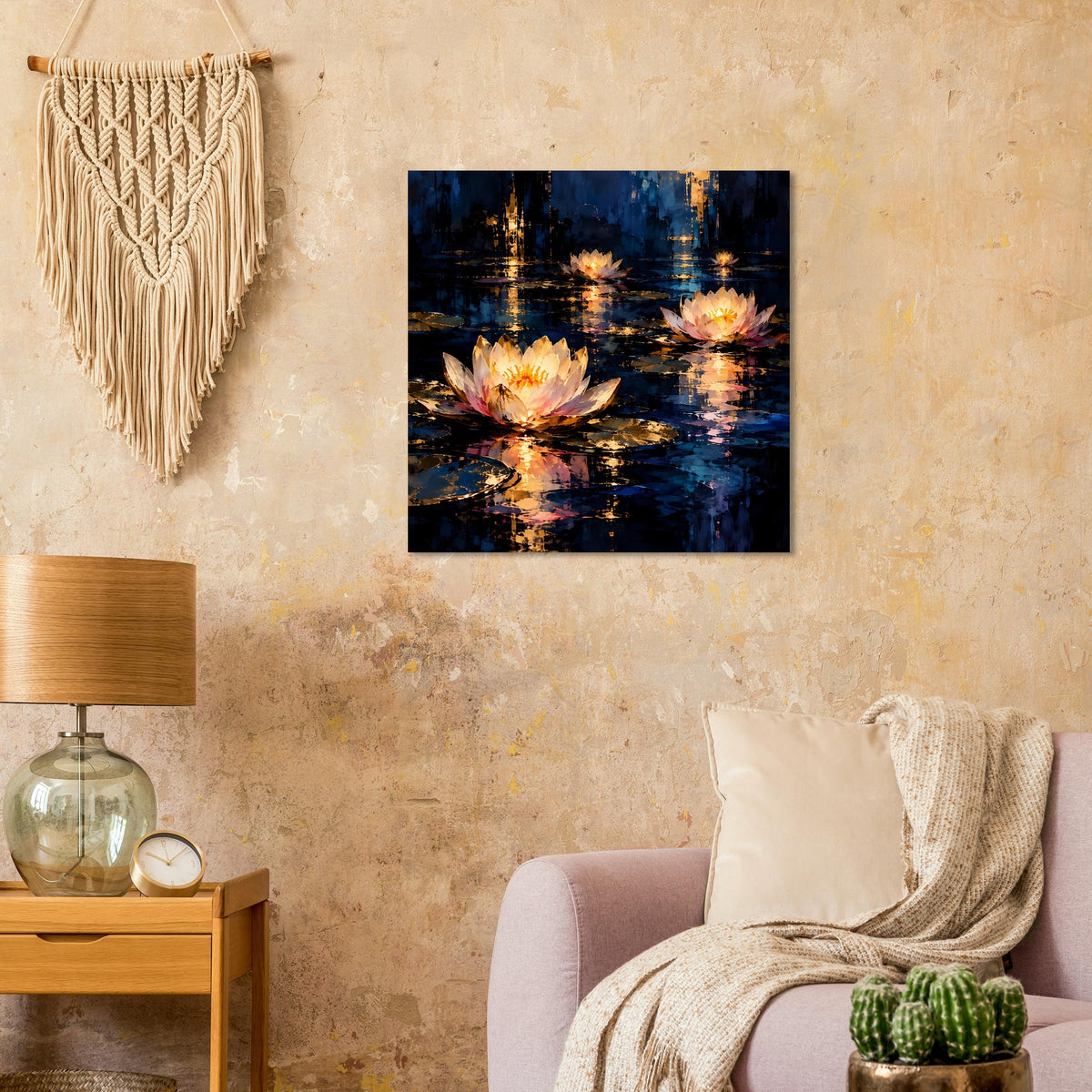 Quadratisches Blumenposter: leuchtende Seerosen auf Wasser mit goldenen Reflexen