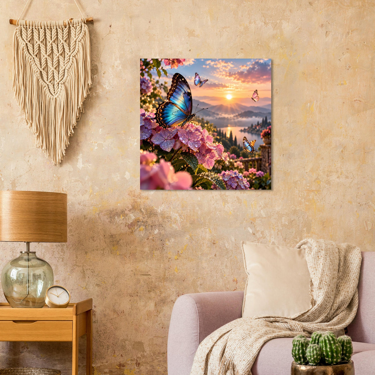 Poster mit blauem Schmetterling auf rosa Blüten und Sonnenuntergang im quadratischen Rahmen