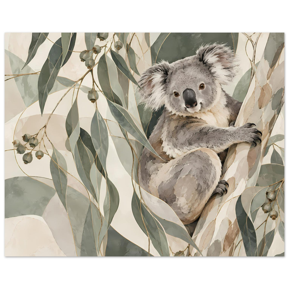 Koala-Tierposter mit grauem Koala und feinen Eukalyptusblättern in Grün-, Beige- und Brauntönen