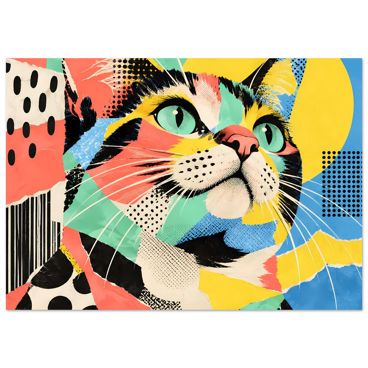 Pop-Art-Katzenposter mit Katzengesicht im Pop-Art-Look, buntes Farbmuster und Barcode am Rand