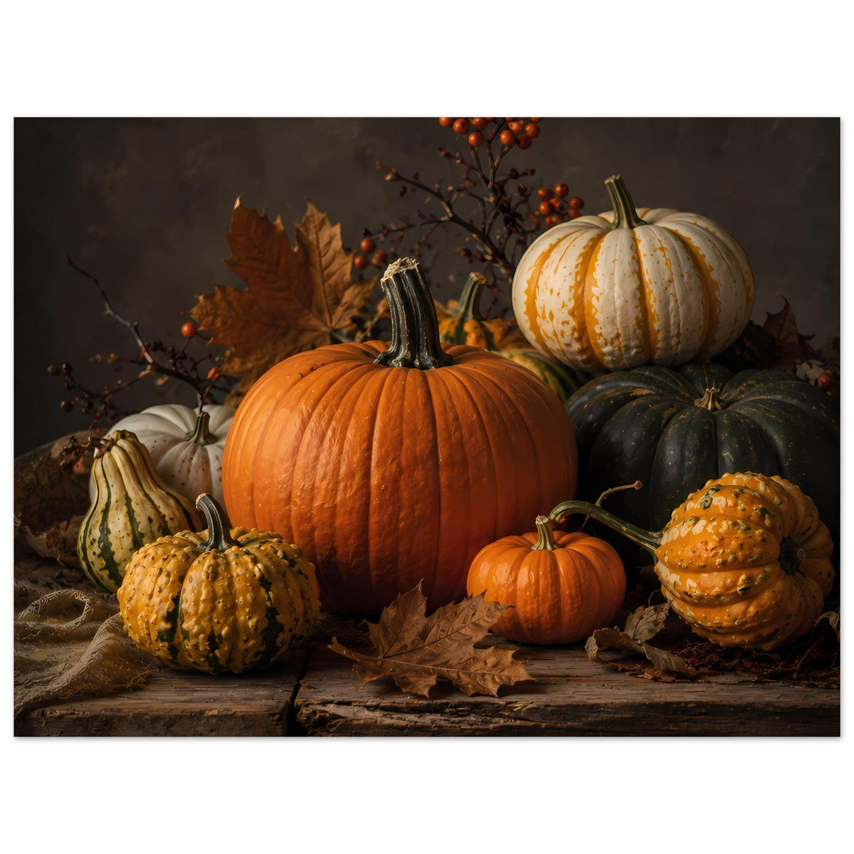 Herbstliches Kürbisbild auf Poster: orange Hauptkürbis mit schwarzen Zierkürbissen und weißen Streifen