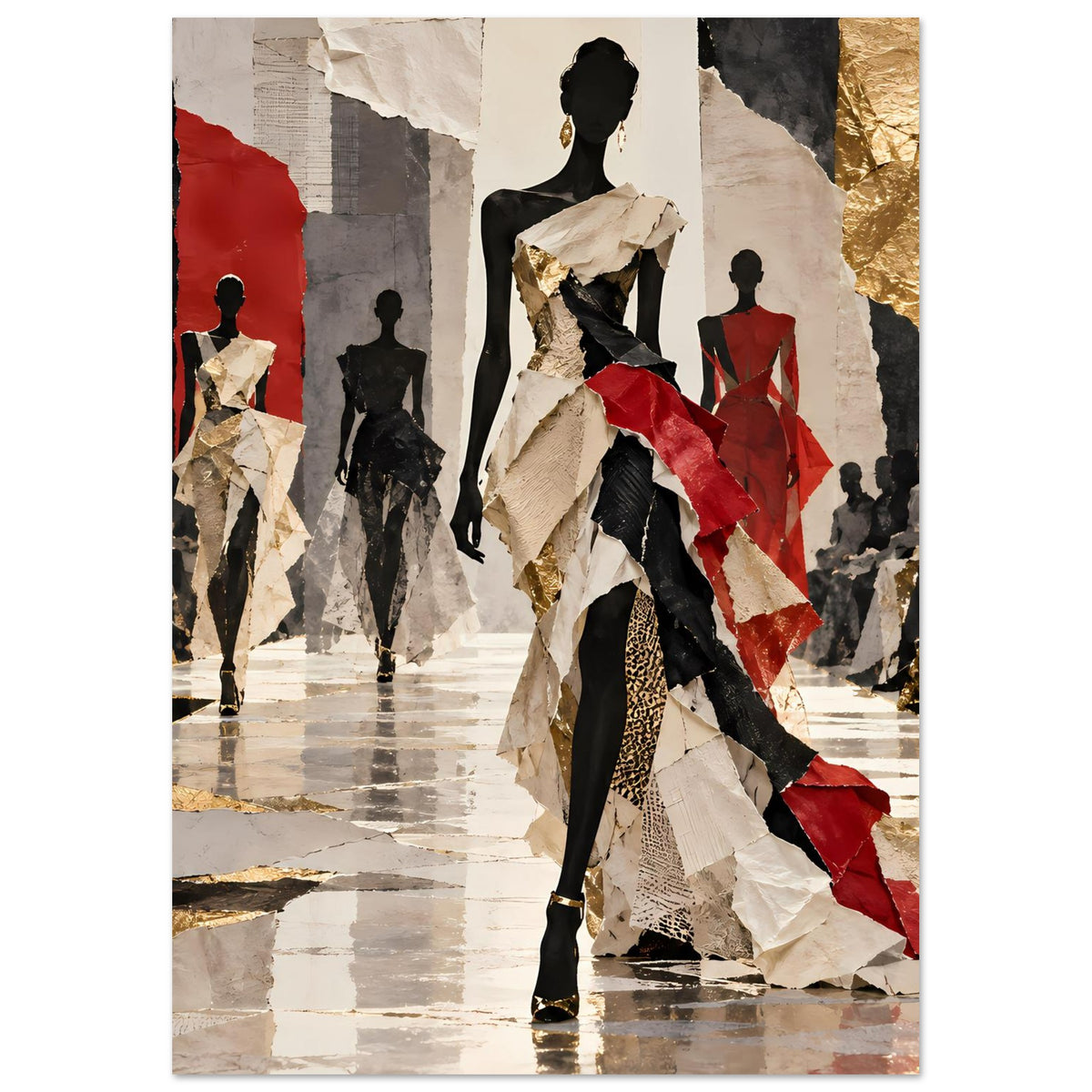 Modeposter mit Laufsteg-Figur im Vordergrund, weiß-schwarzem Look, rote Schleppe