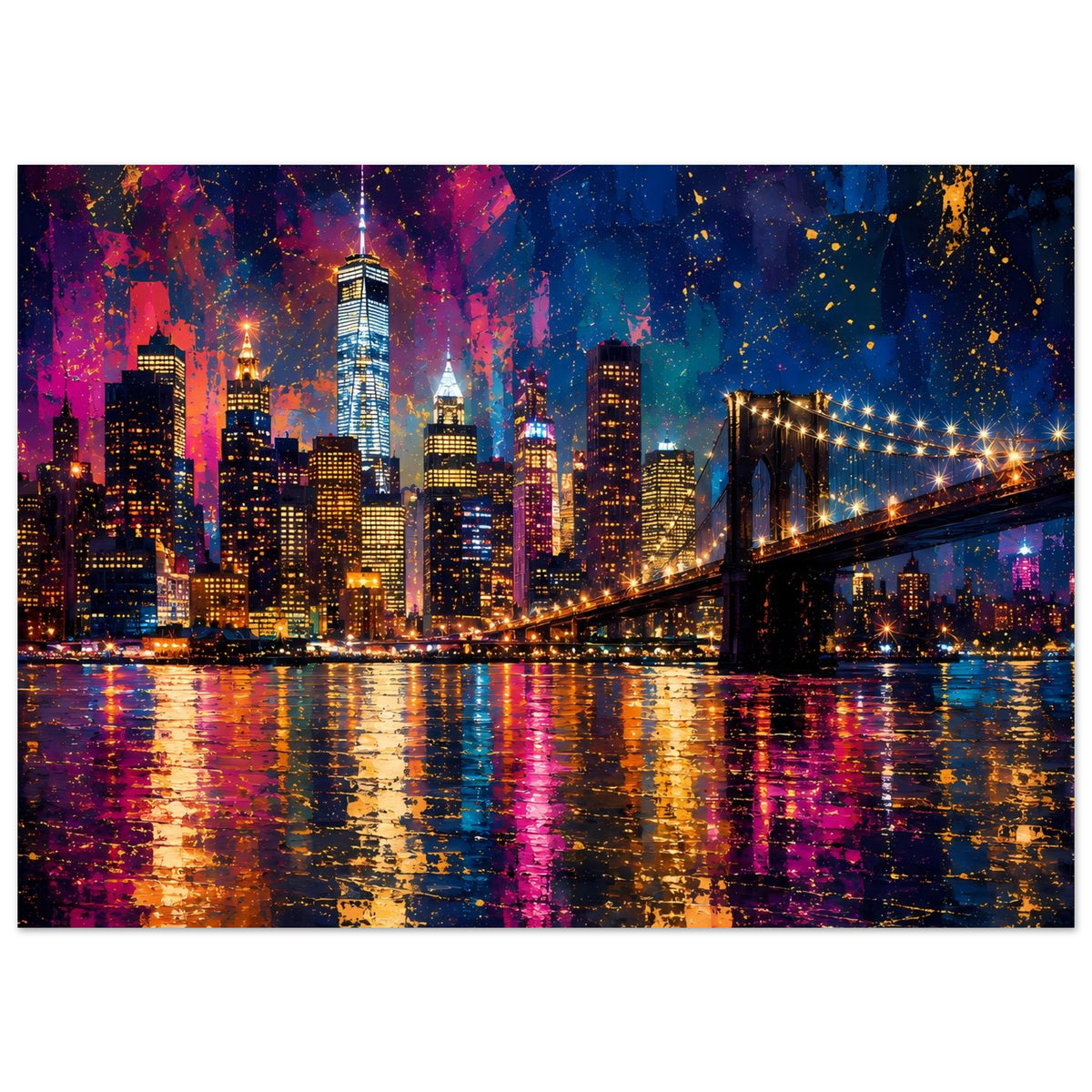 Abstraktes Stadtposter im Querformat: Skyline mit Hängebrücke, bunte Nachtlichter und Reflexionen