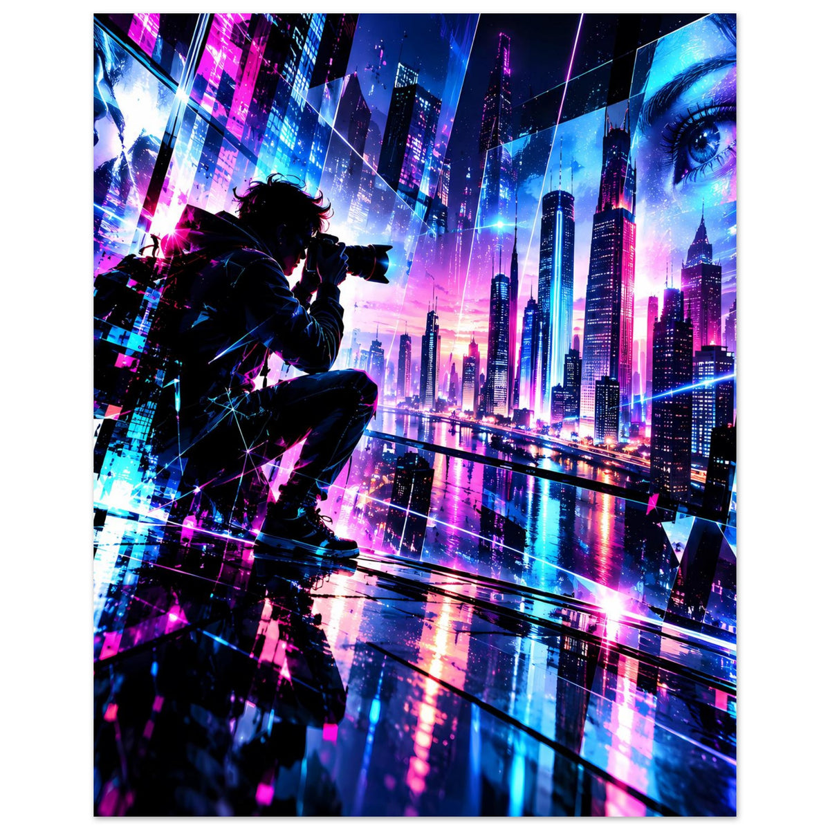 Cyberpunk-Stadtposter mit Silhouette des Schützen, Neonhochhäusern und leuchtender Skyline