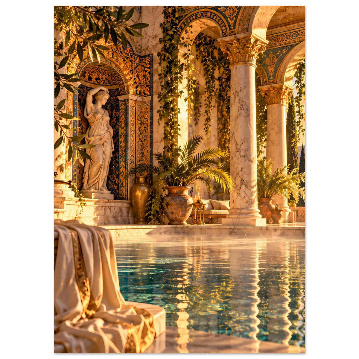 Mediterranes Poolposter mit Statue in Nische, Säulen und türkisblauer Wasserreflexion