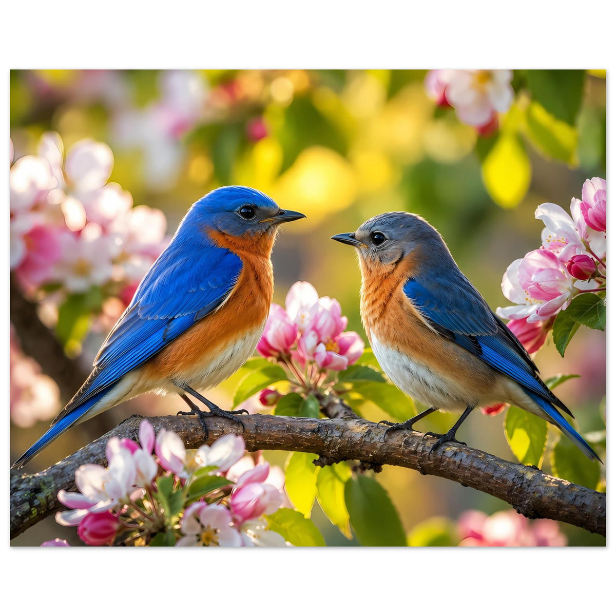 Querformat-Poster: zwei Blaumeisen auf braunem Ast zwischen rosa Blüten