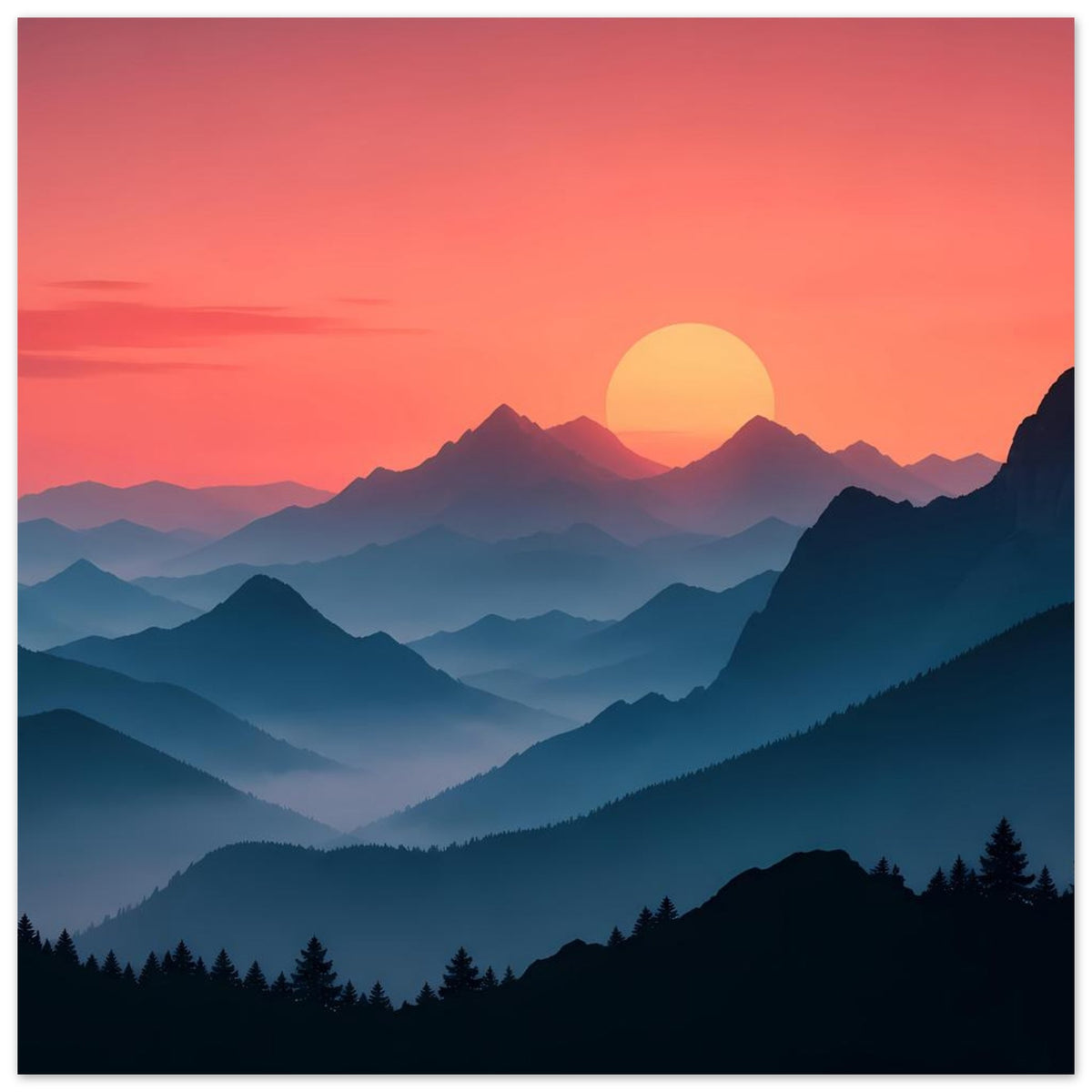 Landschaftsposter mit pastelligem Sonnenuntergang, gelber Sonne und mehreren blauen Gebirgskämmen