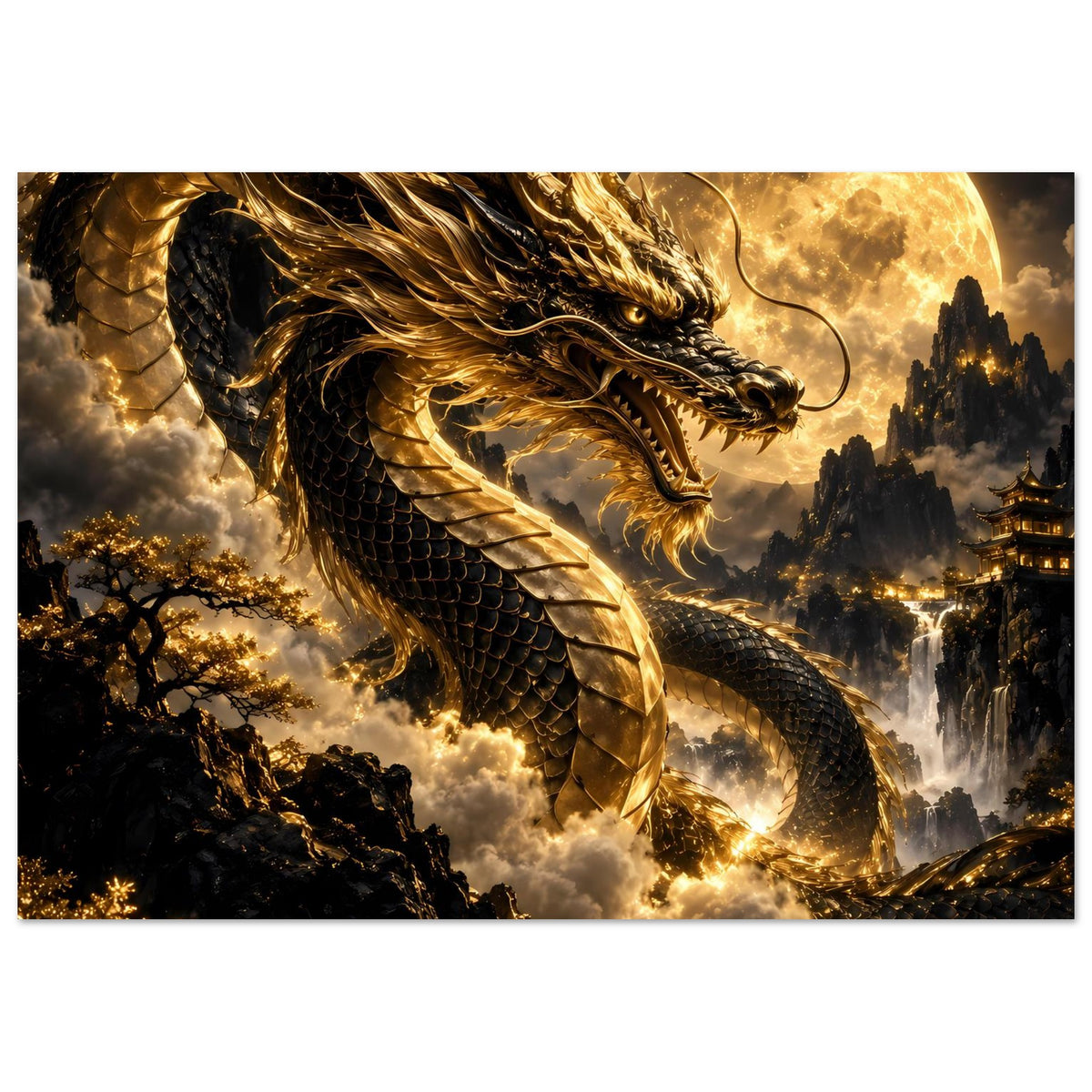 Breites Drachenposter mit goldener Drache-Kopfansicht, dunklen Schuppen und gelbem Vollmond