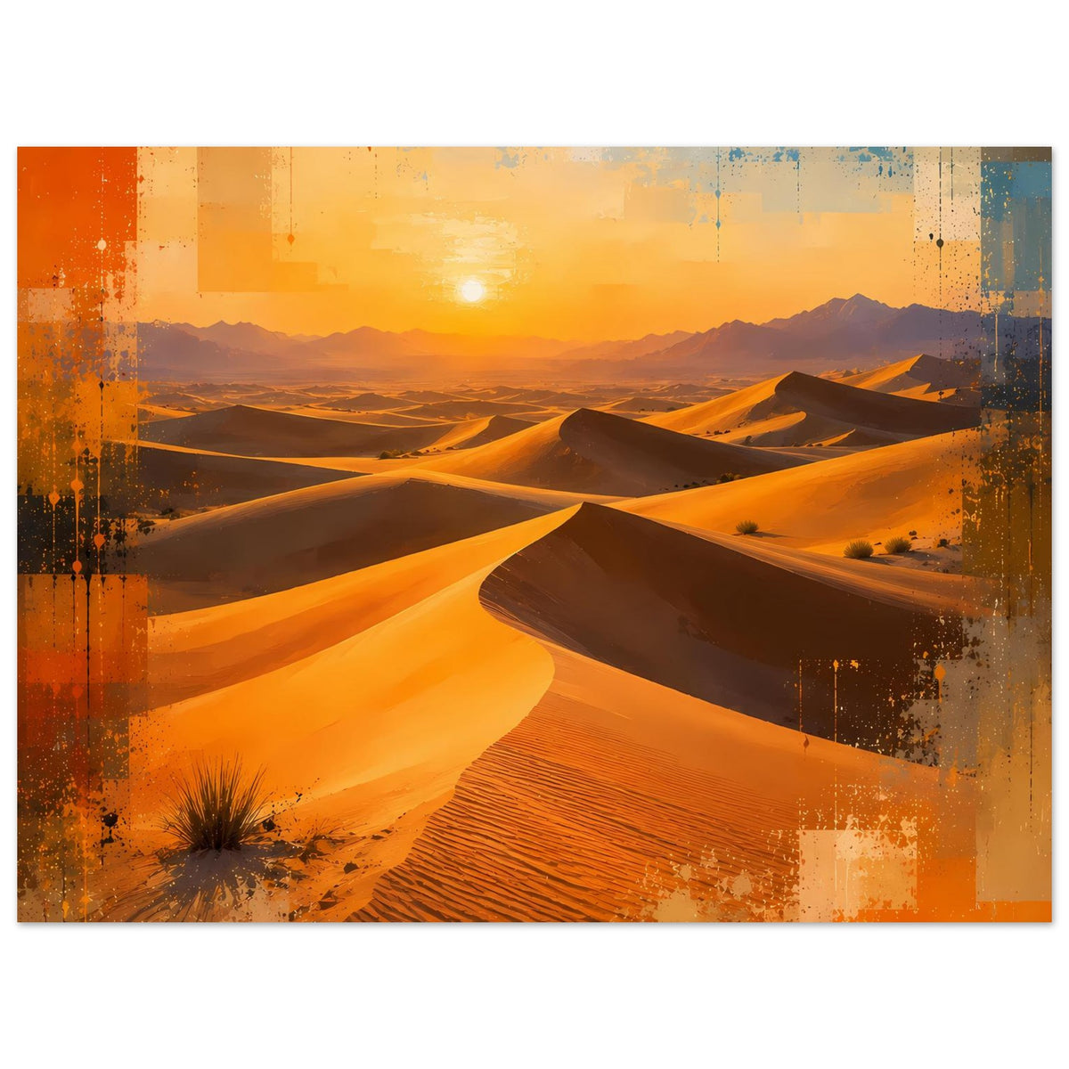 Wüstenlandschafts-Poster mit Dünen, Sonnenuntergang und geteilten Farbflächen in Orange und Blau