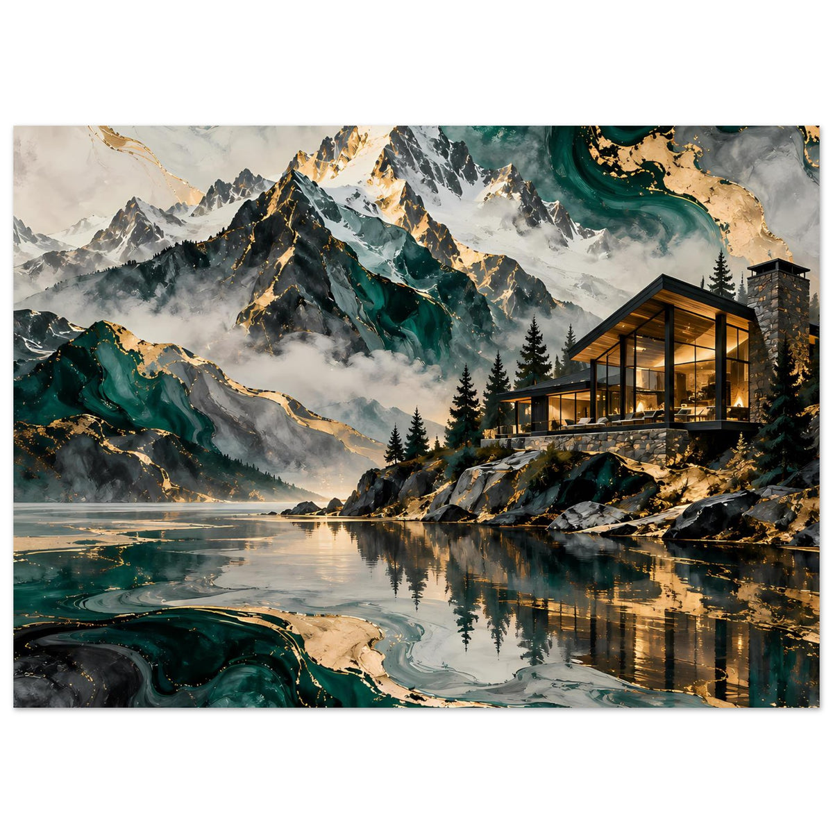 Naturblick-Poster: Panorama mit Bergsee, Felsformationen, Tannenwald und modernem Haus