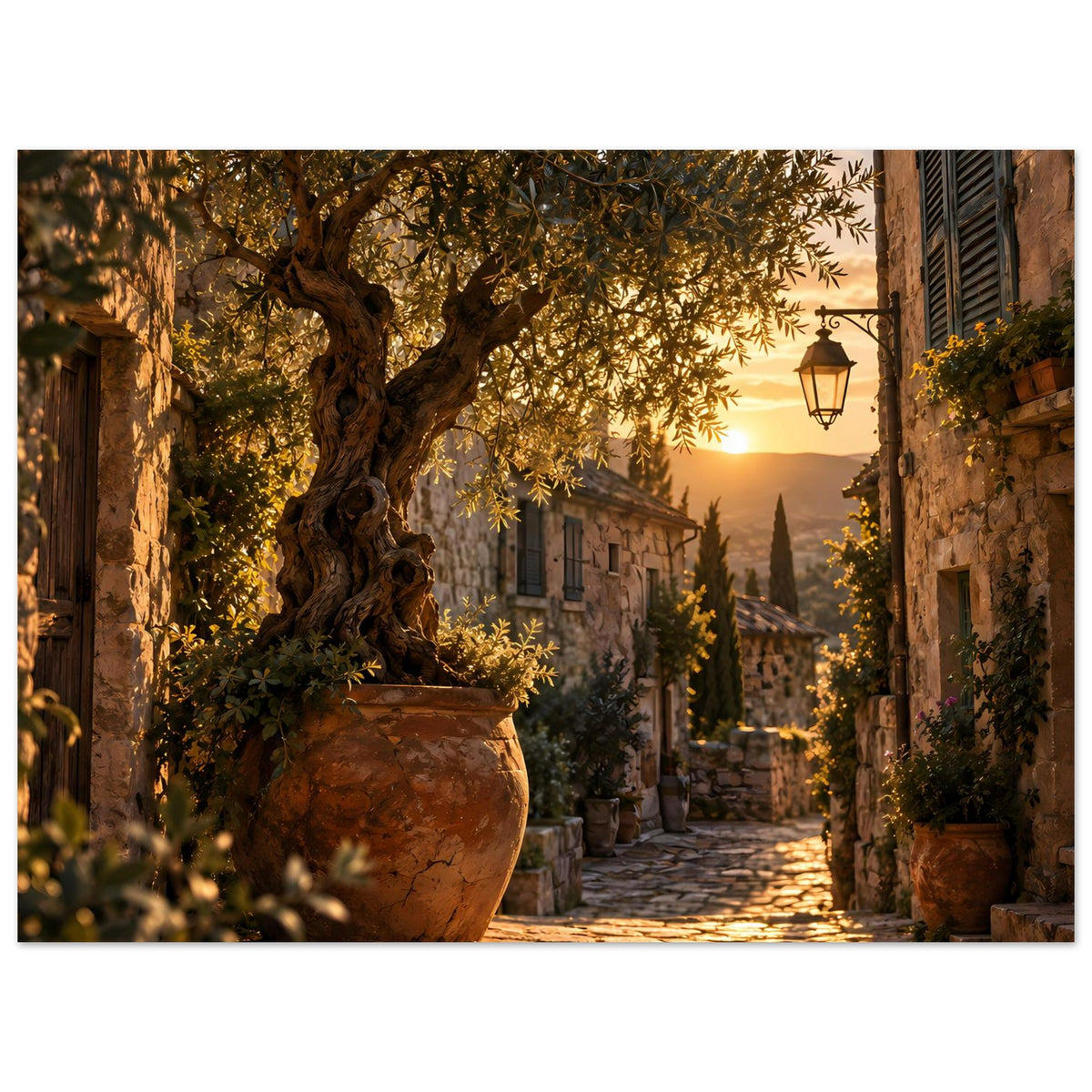 Sonnenuntergangs-Poster (Querformat): Olivenbaum im Gefäß, warme Goldtöne in ruhiger Gasse.