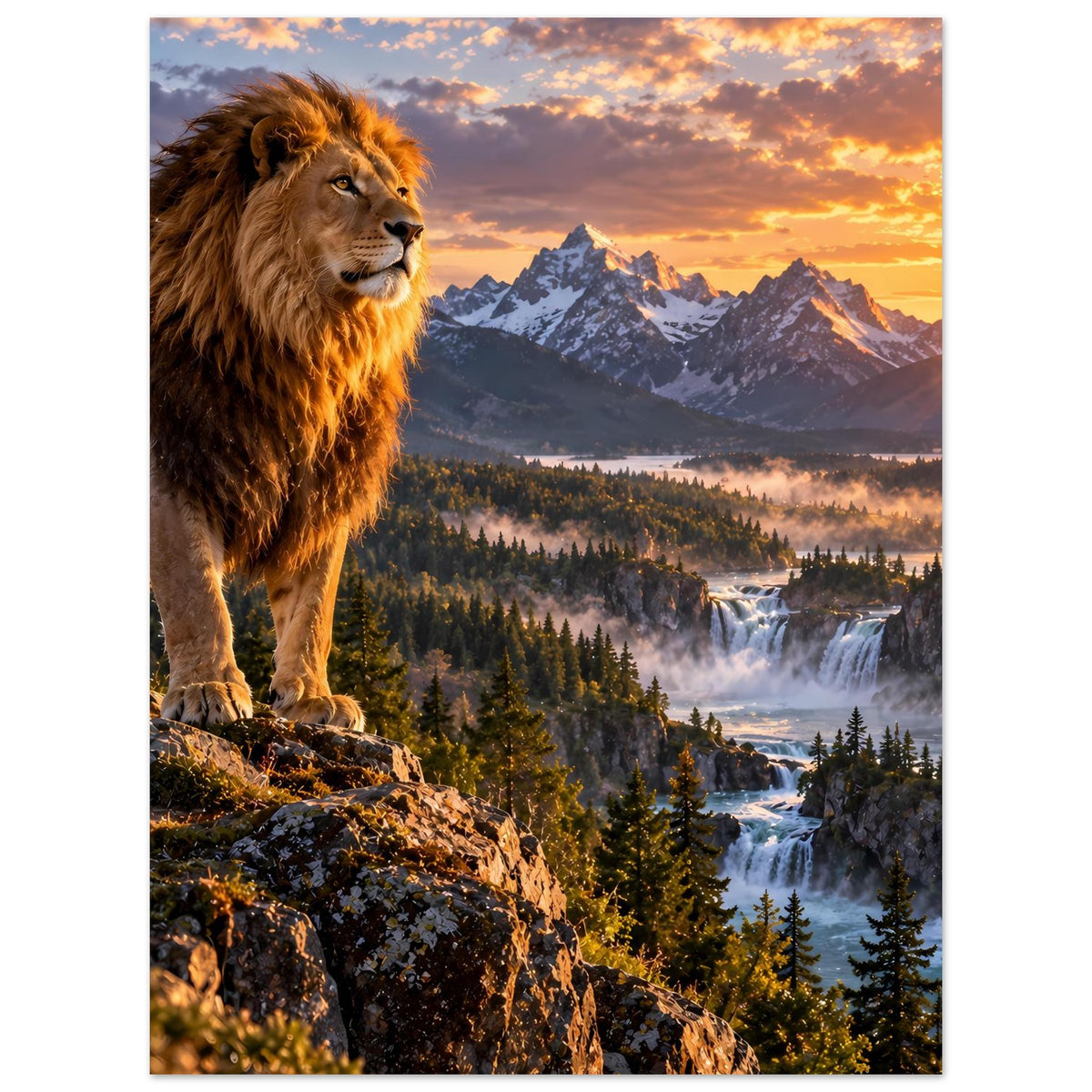Poster im Hochformat mit Löwe und Wasserfällen im Tal bei Sonnenuntergang