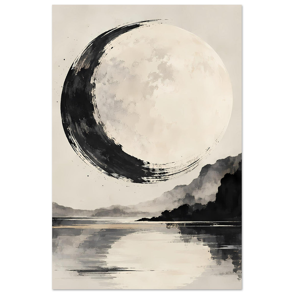 Vertikales Schwarzweiß-Poster mit Mond und Bergsilhouette, darunter Spiegelung auf Wasser