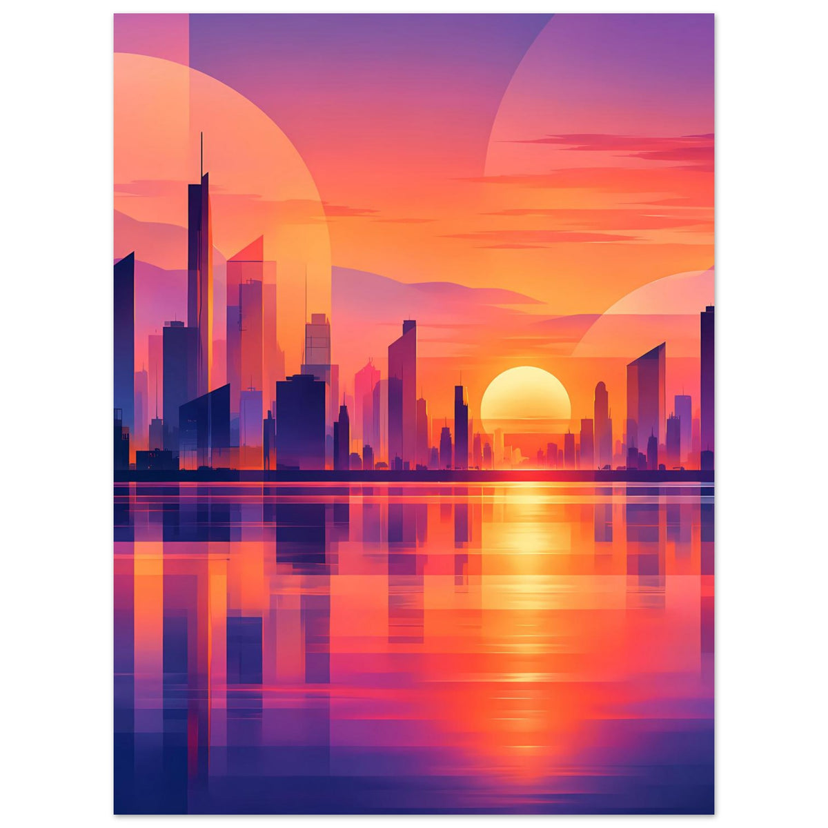 Hochkant-Stadtposter mit Stadtansicht bei Sonnenuntergang, heller Sonnenkreis und Wasserspiegelung