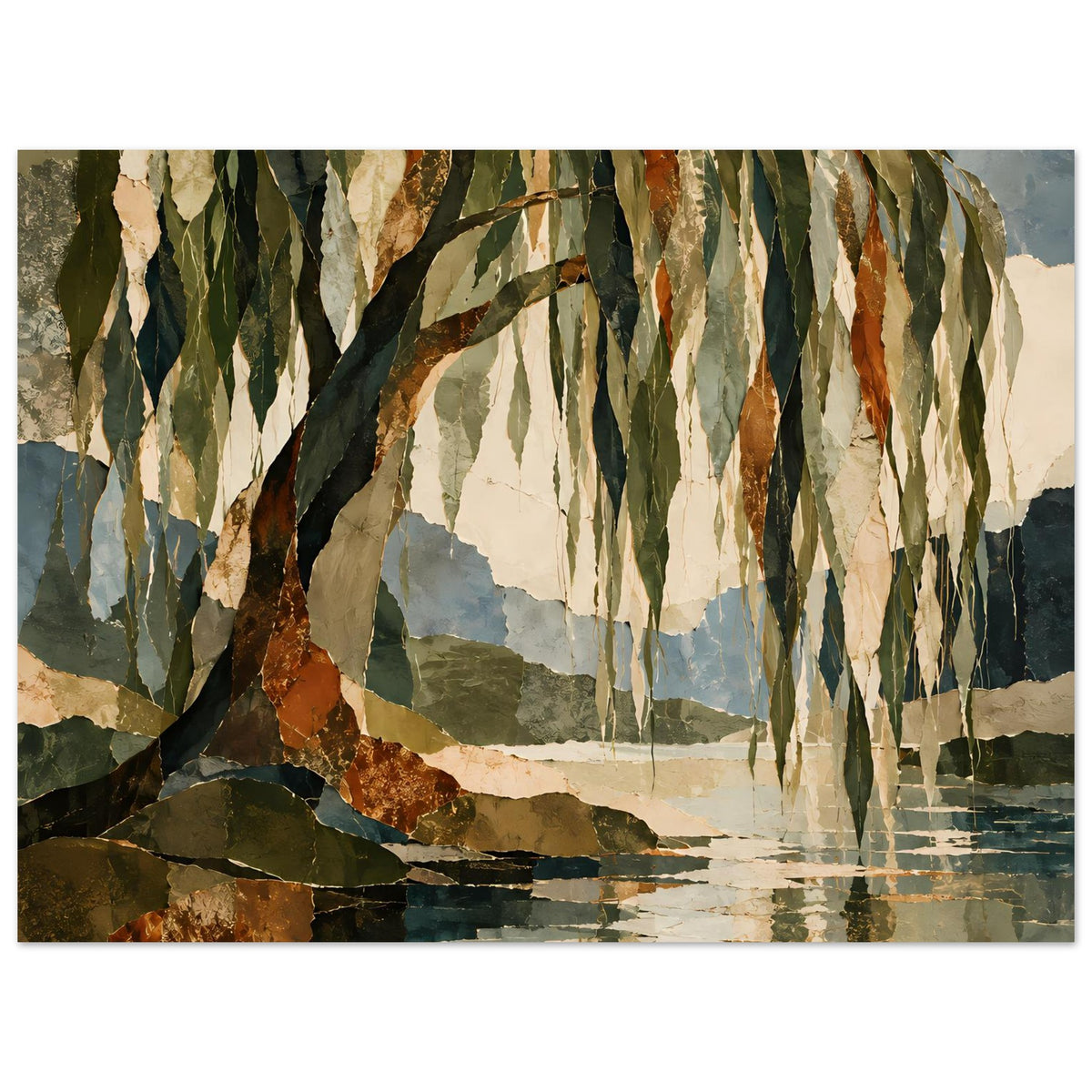 Wandposter mit Birken am See, herbstliches Laub und reflektierende Wasseroberfläche