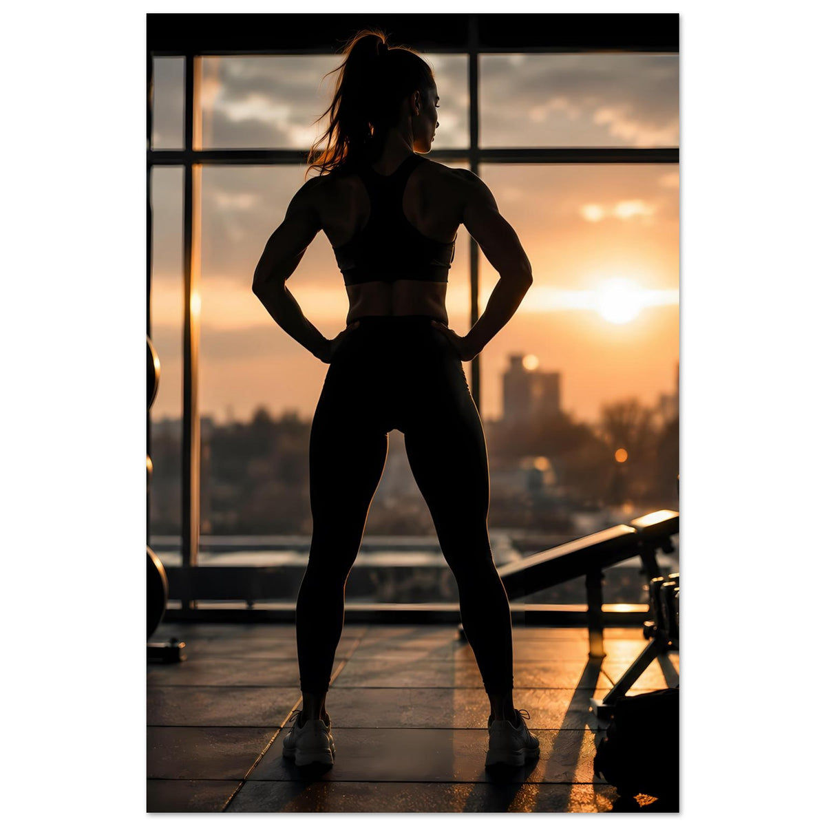 Fitness-Poster mit Silhouette einer Sportlerin in Ganzkörper-Trainingspose vor Sonne am Horizont