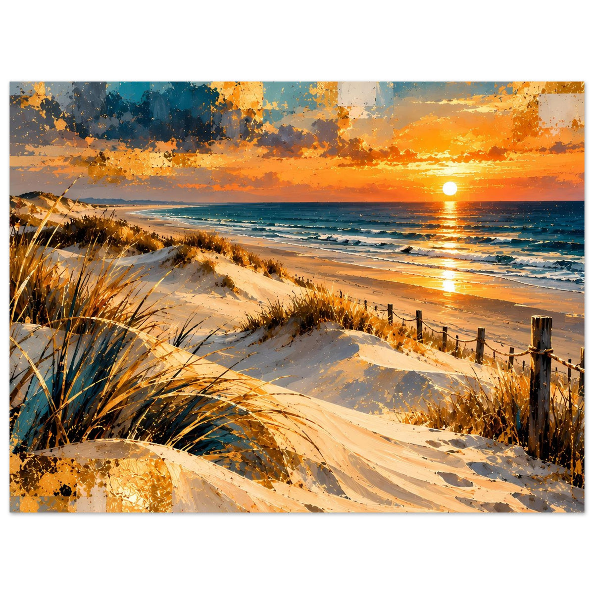 Strandposter im Hochformat mit Sanddünen, orangeem Sonnenhorizont und ruhiger See