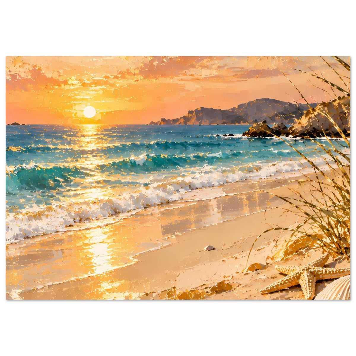 Horizontales Poster Strand-Sunset: Sonne über dem Meer, Wellen, angedeutete Zweige