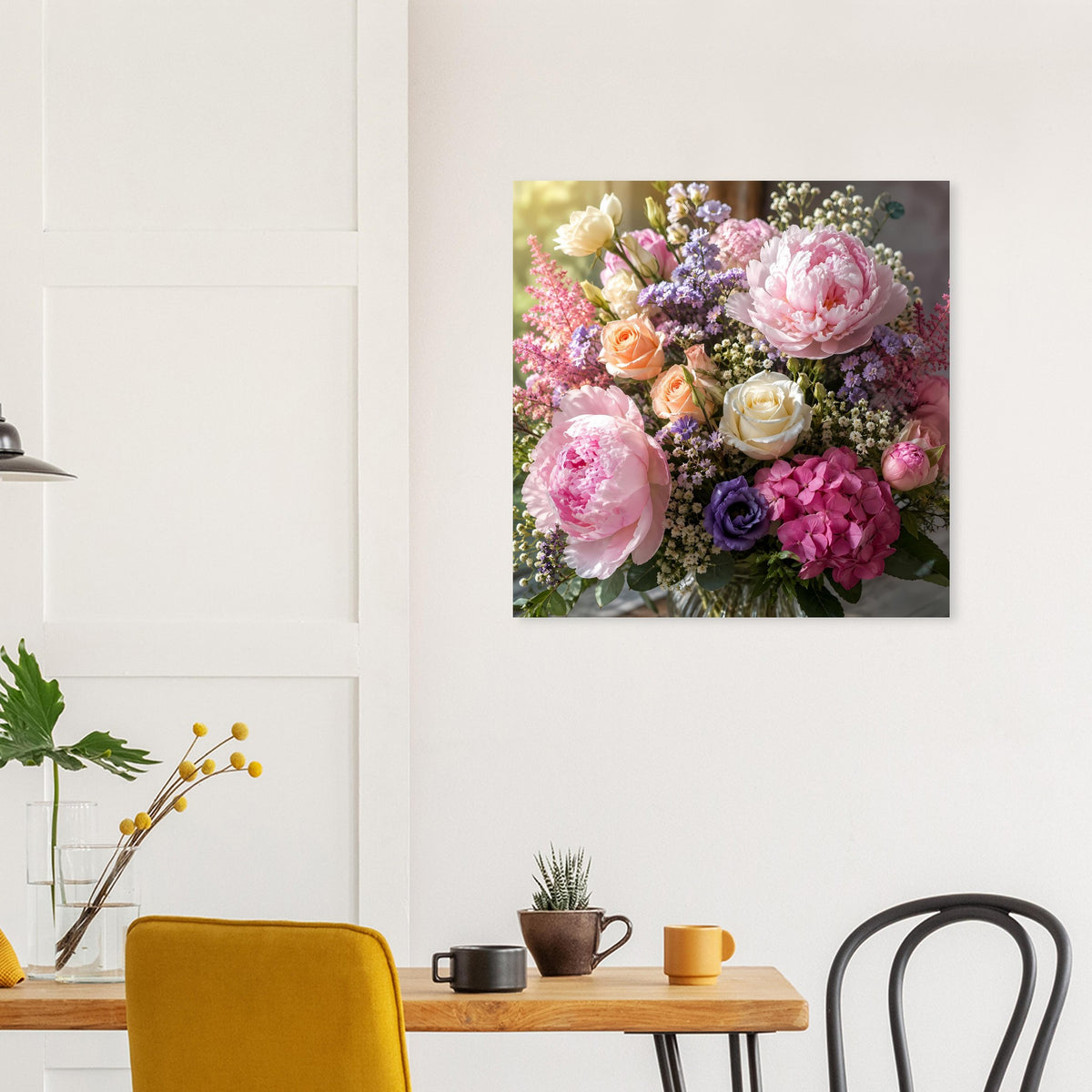 Quadratisches Blumenposter mit Strauß in Rosa- und Violetttönen, mit gelben Akzenten