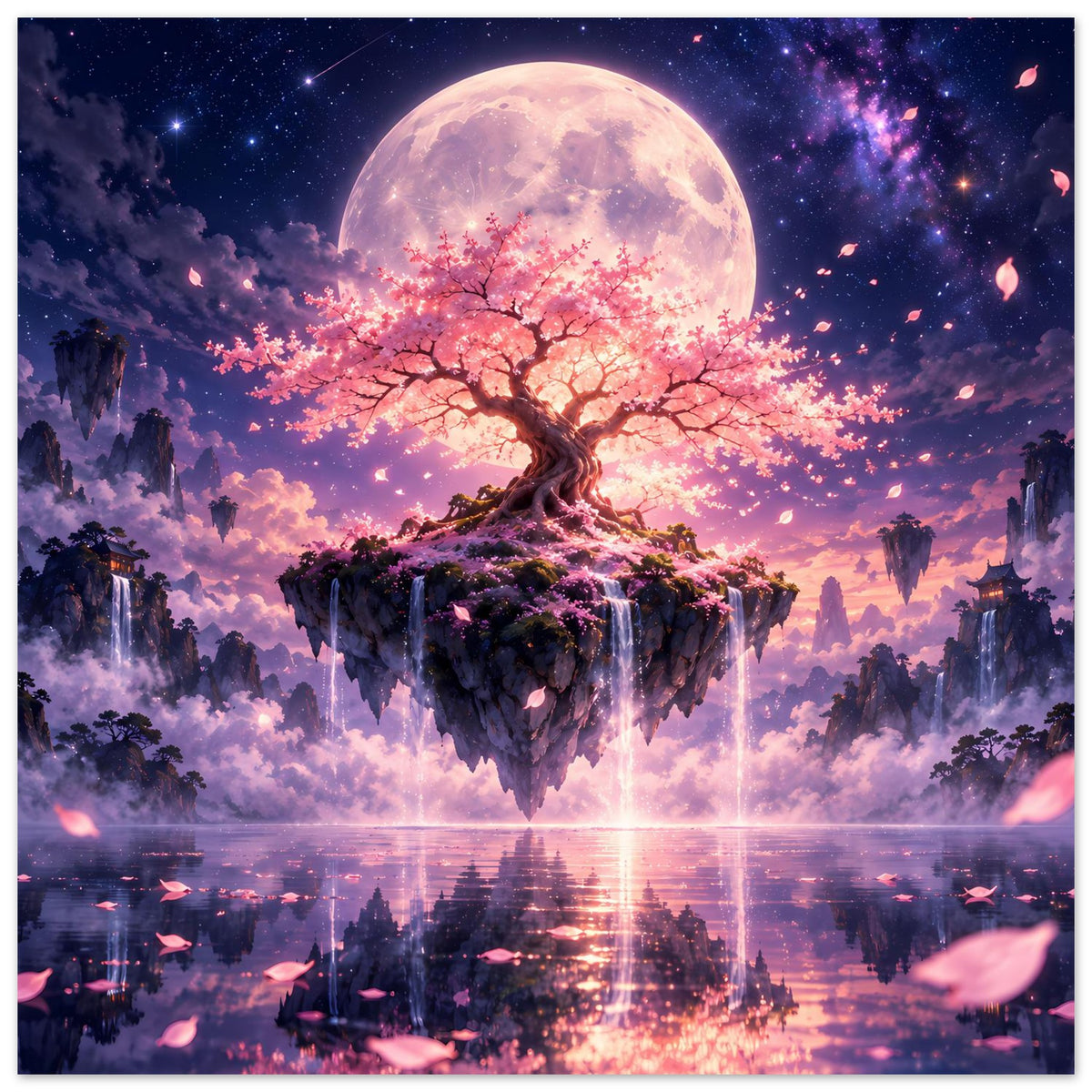 Poster: Kirschblütenbaum auf schwebender Insel, großer Vollmond über den Blüten