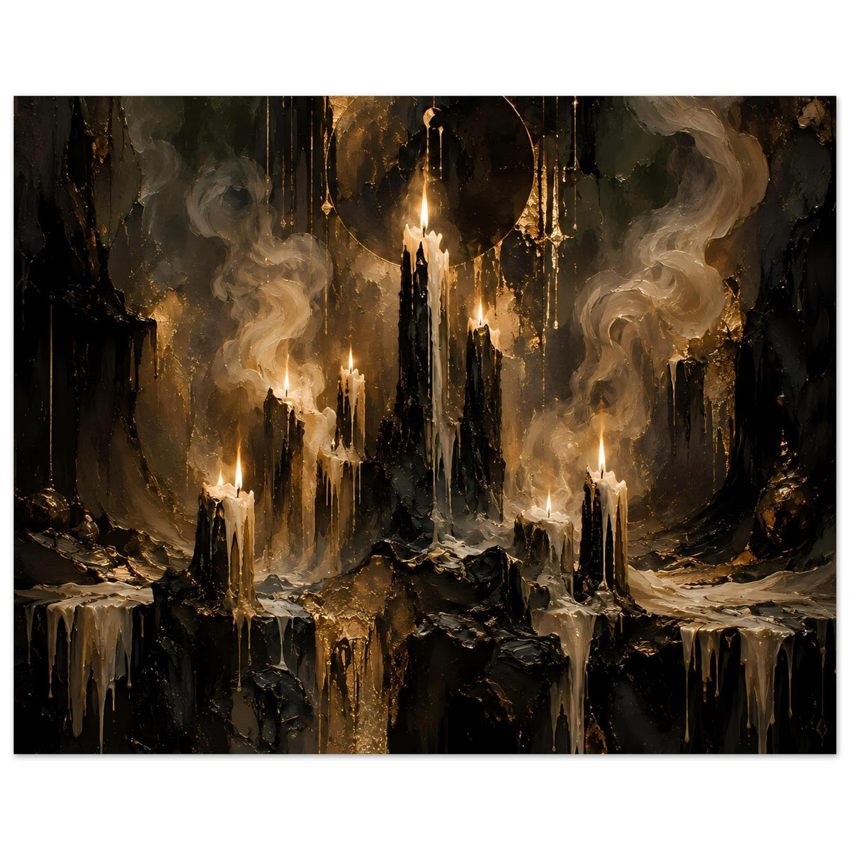 Fantasy-Poster im Querformat: gold umrahmtes Portal über Kerzen und schwarzen Ruinen.