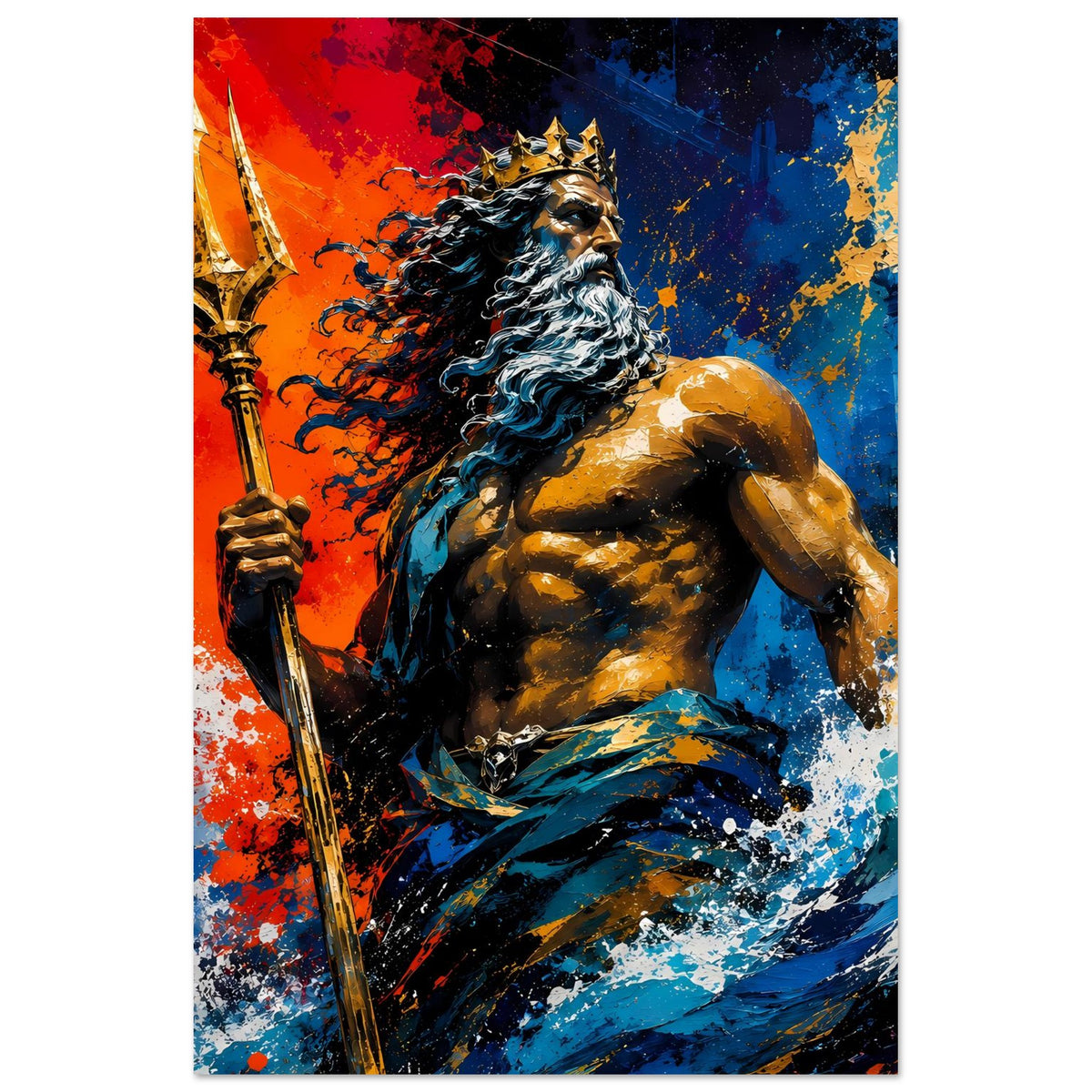 Hochformat-Poster mit Neptun-Figur, Dreizack, weiß-blaue Wellen und orangefarbener Akzentfläche