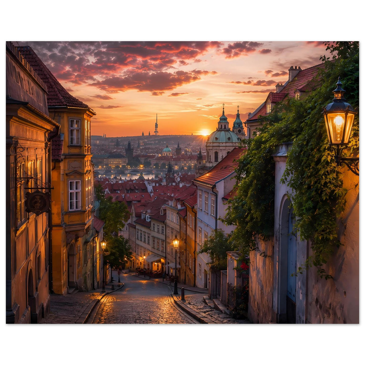 Poster: Abendliche Altstadtgasse mit Kopfsteinpflaster, leuchtende Laternen und Kirchtürme