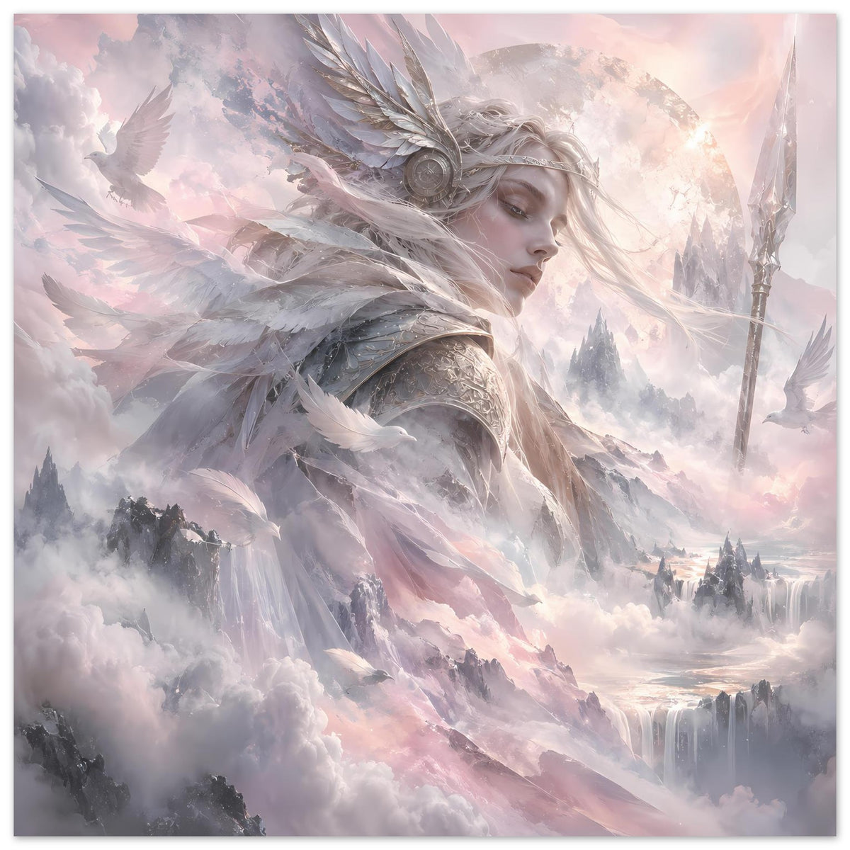 Senkrechtes Fantasy-Poster: geflügelte Kriegerin mit Federhelm und Speer im Nebel