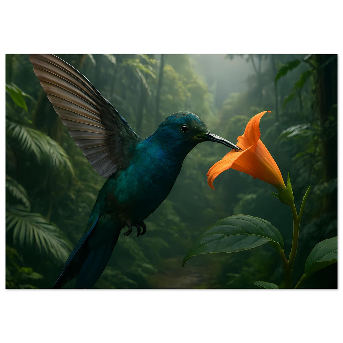 Poster mit blaugrünem Kolibri, schlankem Schnabel und orangefarbener Blüte