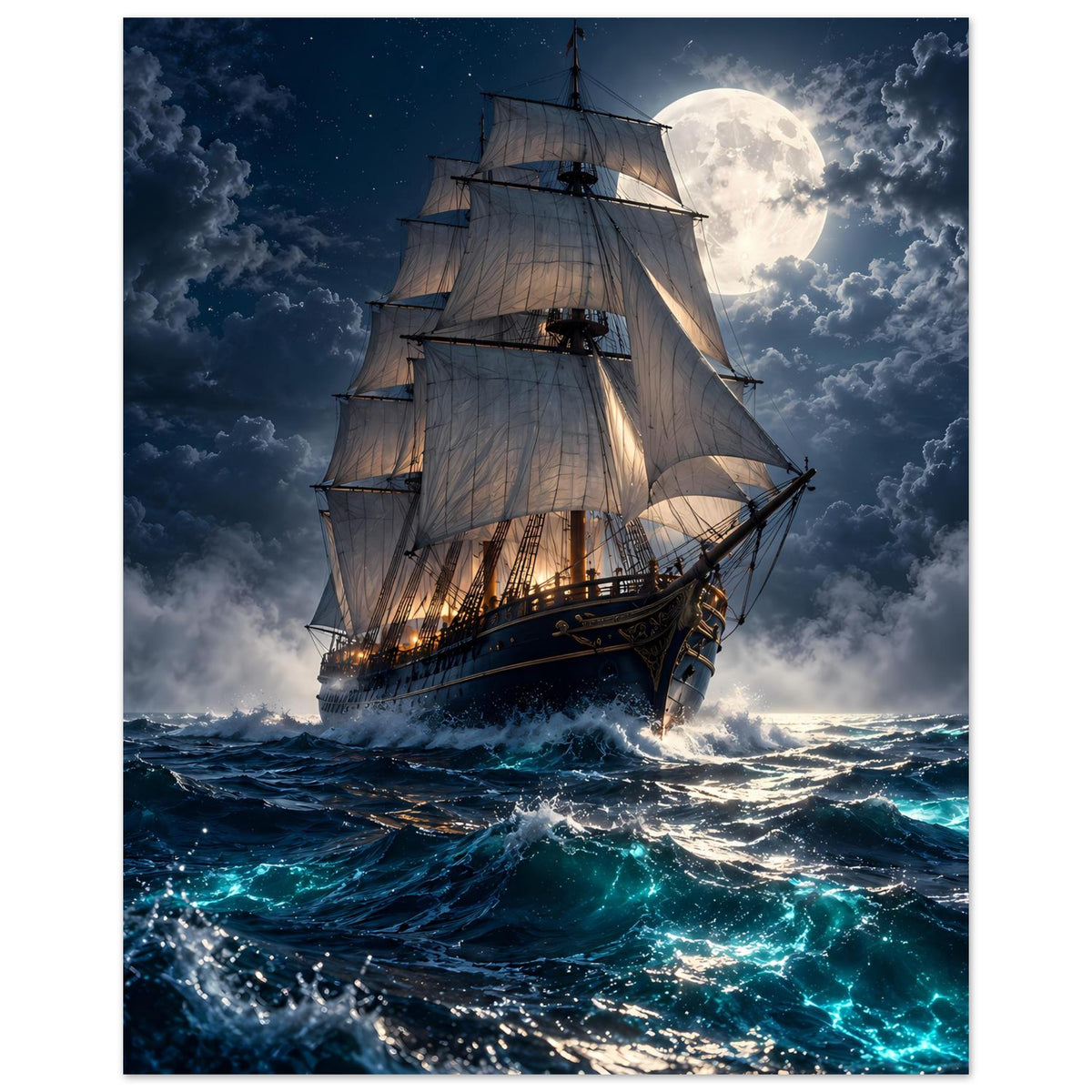 Segelschiff-Poster im Hochformat: stürmische Wolken, Vollmond und türkisfarbene Wellen