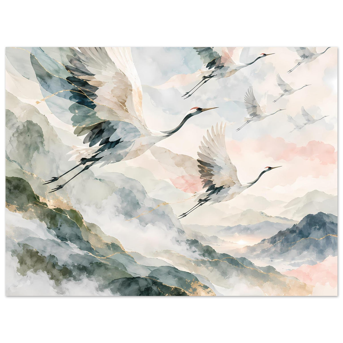 Poster im Querformat: Aquarell-Kraniche über Bergzug mit goldfarbenem Akzent