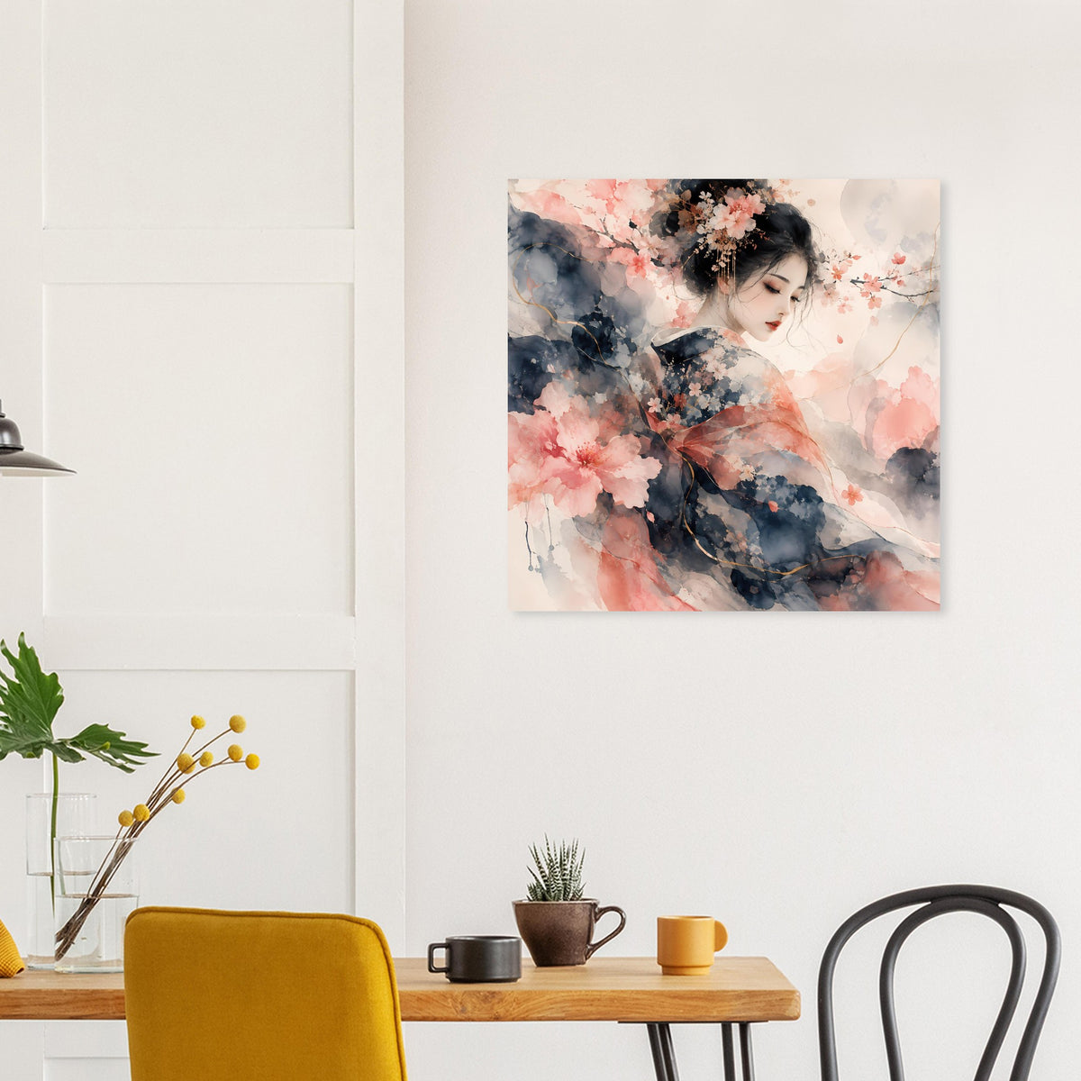 Quadratisches Wandposter im Aquarellstil mit japanisch anmutendem Floralmotiv