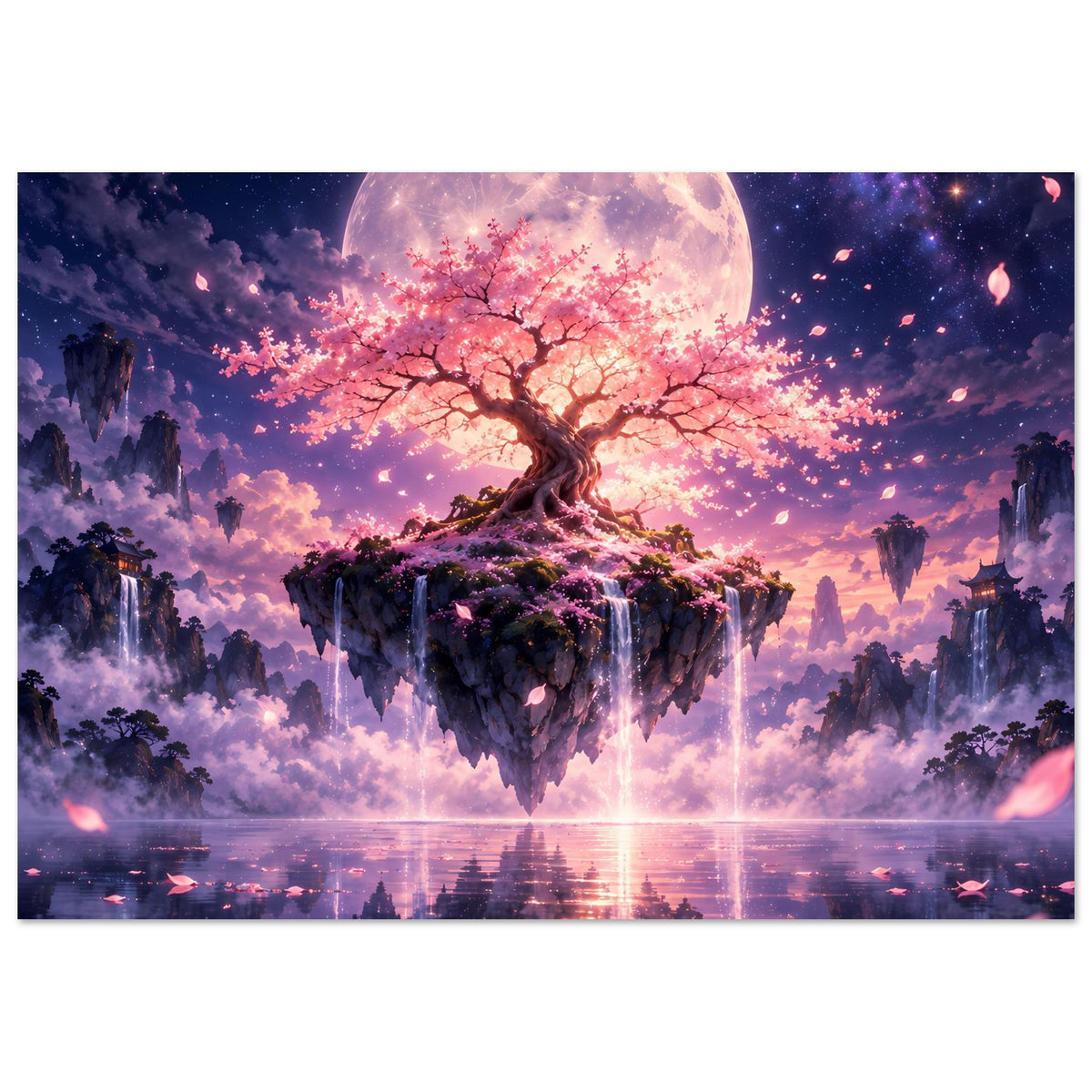 Kirschblütenbaum-Poster Querformat: leuchtender Vollmond über schwebender Insel mit Blütenbaum