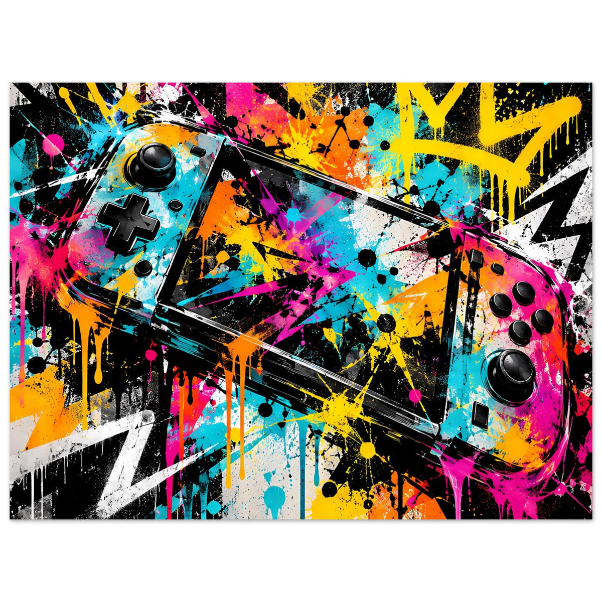 Graffiti-Gaming-Poster, horizontales Format mit Controller-Motiv und bunten Sprüh- und Sprenkel-Akzenten