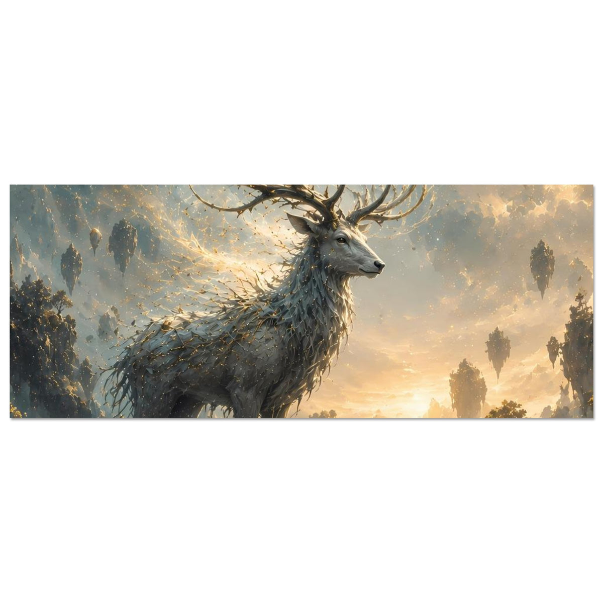 Panorama-Fantasy-Poster: Hirschprofil mit Geweih und glühenden Linien