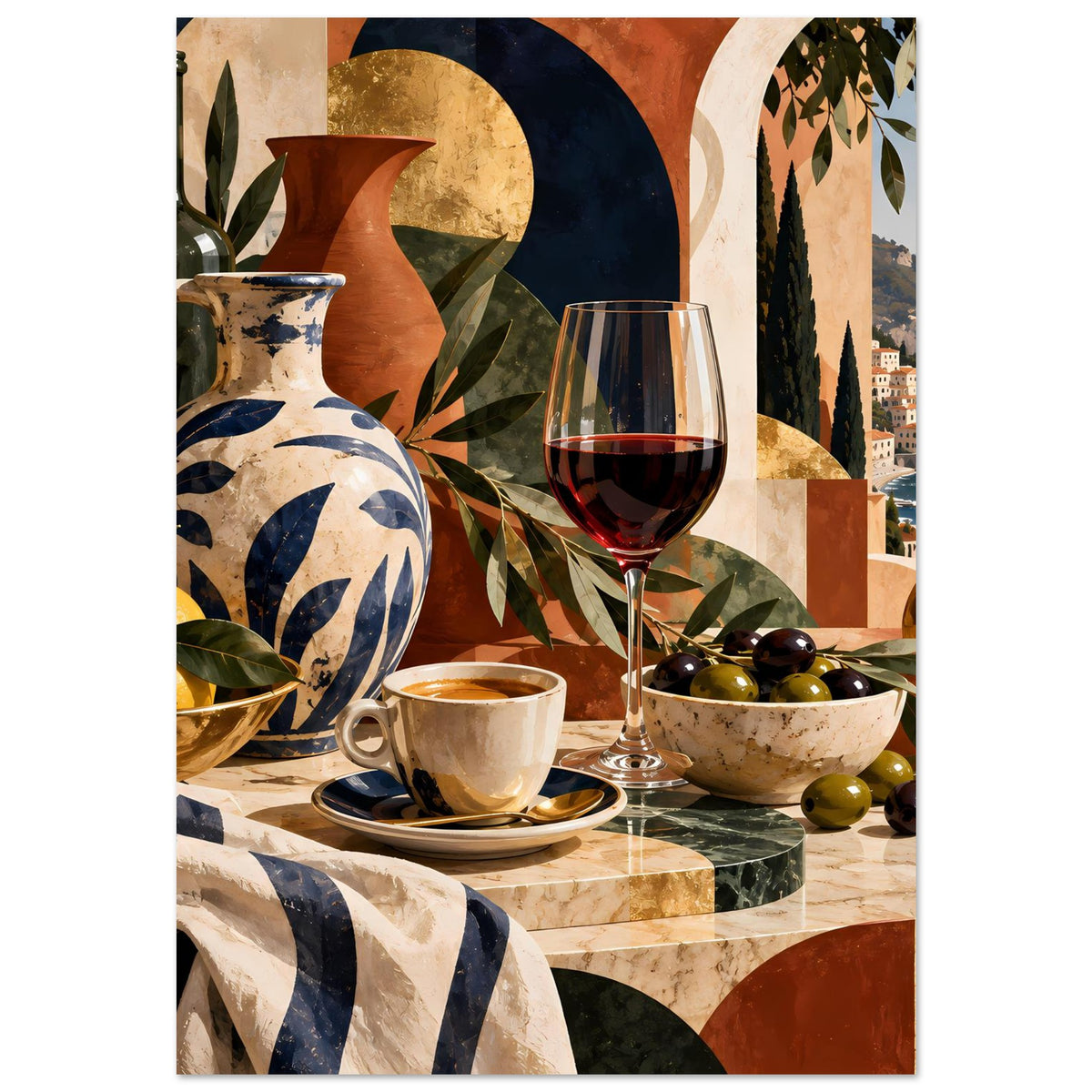 Poster mit Stillleben: bunte Vase, rotes Weinglas, Oliven in Schale und kleine Tasse