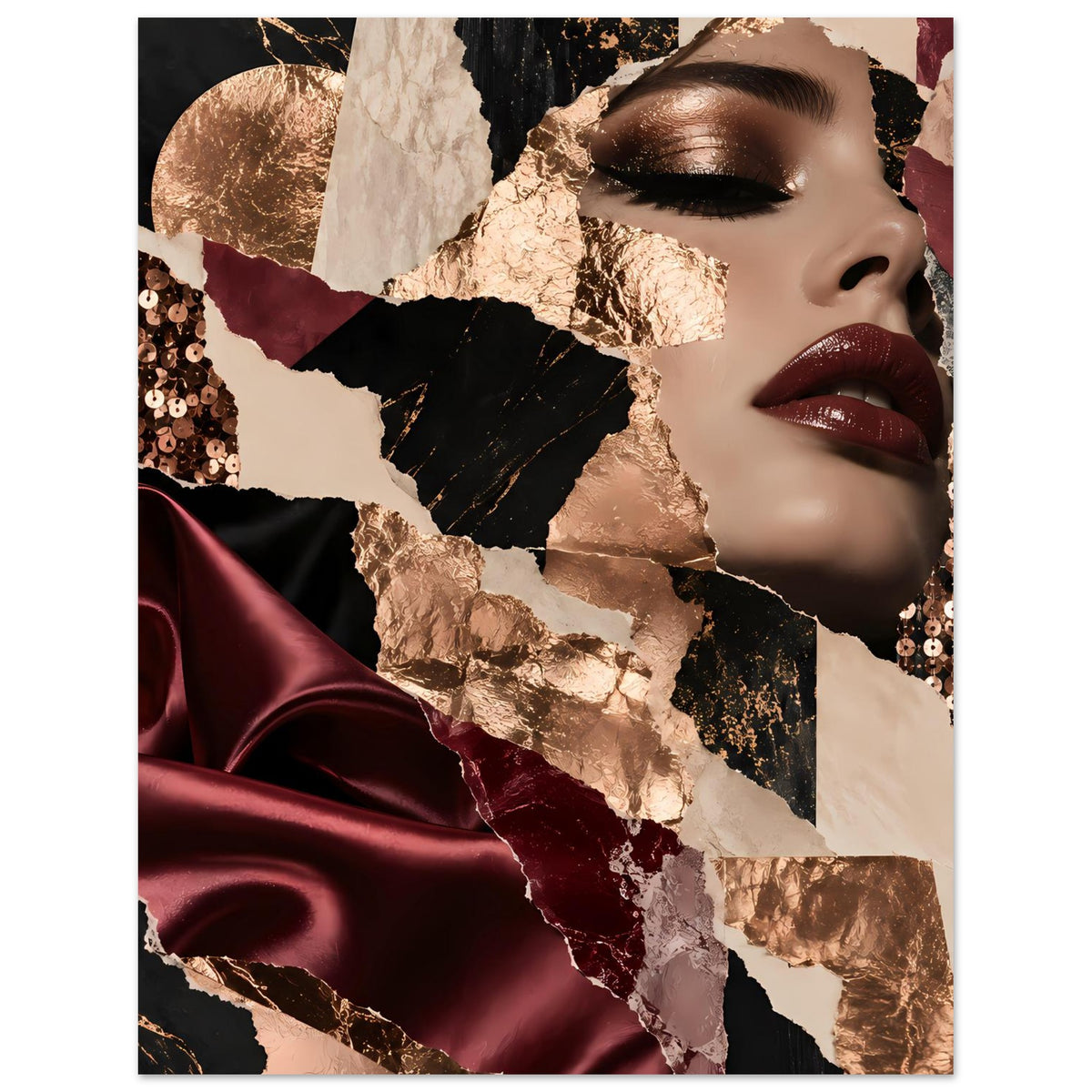 Fashion-Collage-Poster mit Frauengesicht, Bordeaux-Satin, Goldfolien und Glitzerelementen