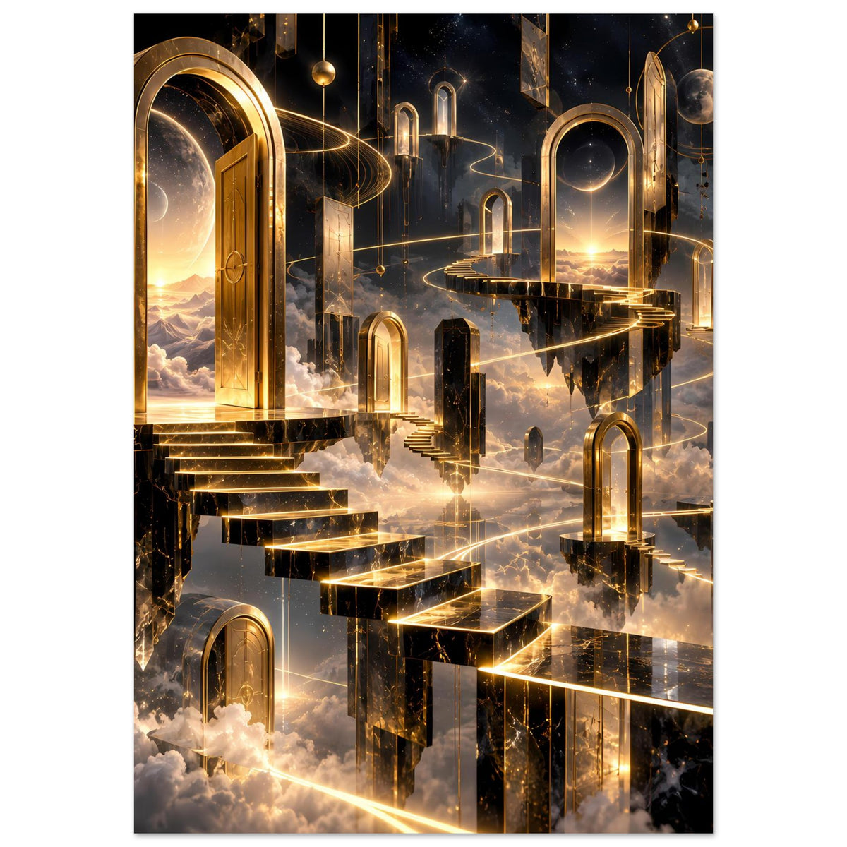 Hochformatiges Poster mit goldener Portalform, stufiger Brücke und Nebel/Wolken darunter.