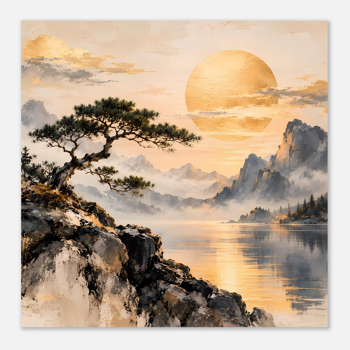 Quadratisches Landschaftsposter: Baum am Felsen, Berge, See mit goldenem Halbmond, gerahmt.