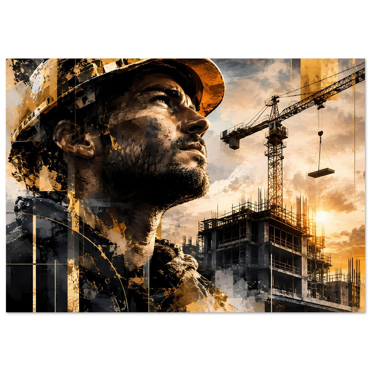 Bauarbeiter-Porträt-Poster im Querformat, Helm und Hintergrund mit Baukränen