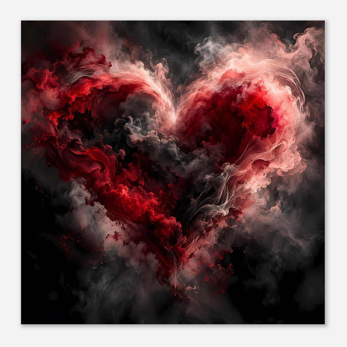 Poster mit Herz aus Rauch und Dampf, Rot-Pink und Dunkelgrau, sichtbar am schwarzen Rand