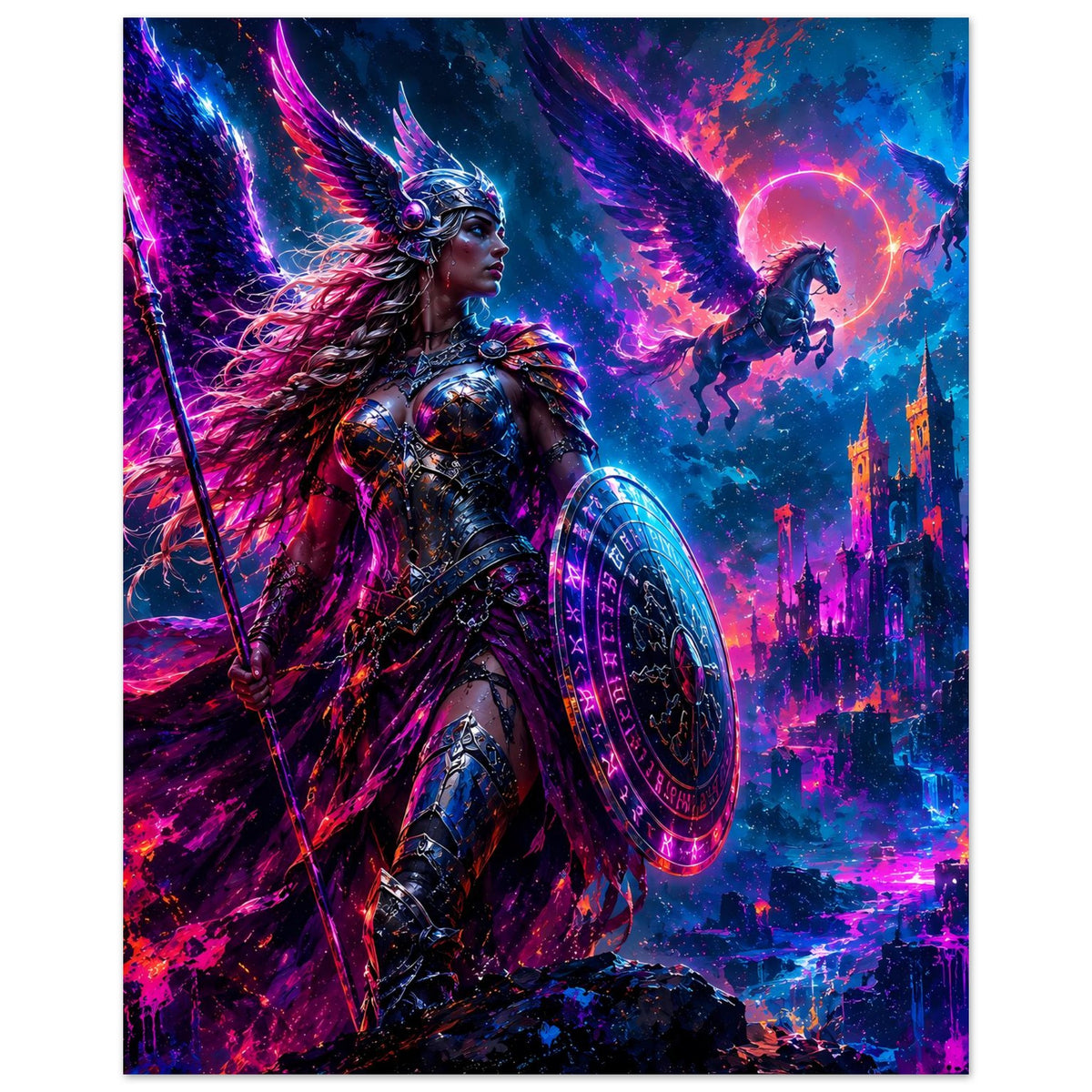 Fantasy-Poster mit Valkyrie-Kriegerin in Rüstung, Speer und Rundschild, leuchtende Stadt im Hintergrund
