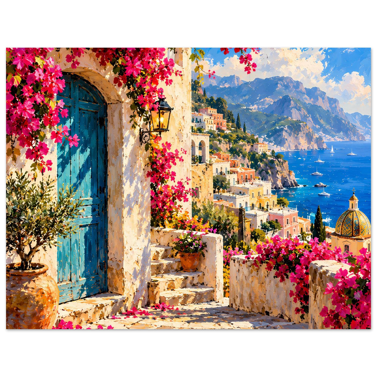 Poster mit blauer Tür, pinken Bougainvillea, Küste mit Booten und Berglandschaft