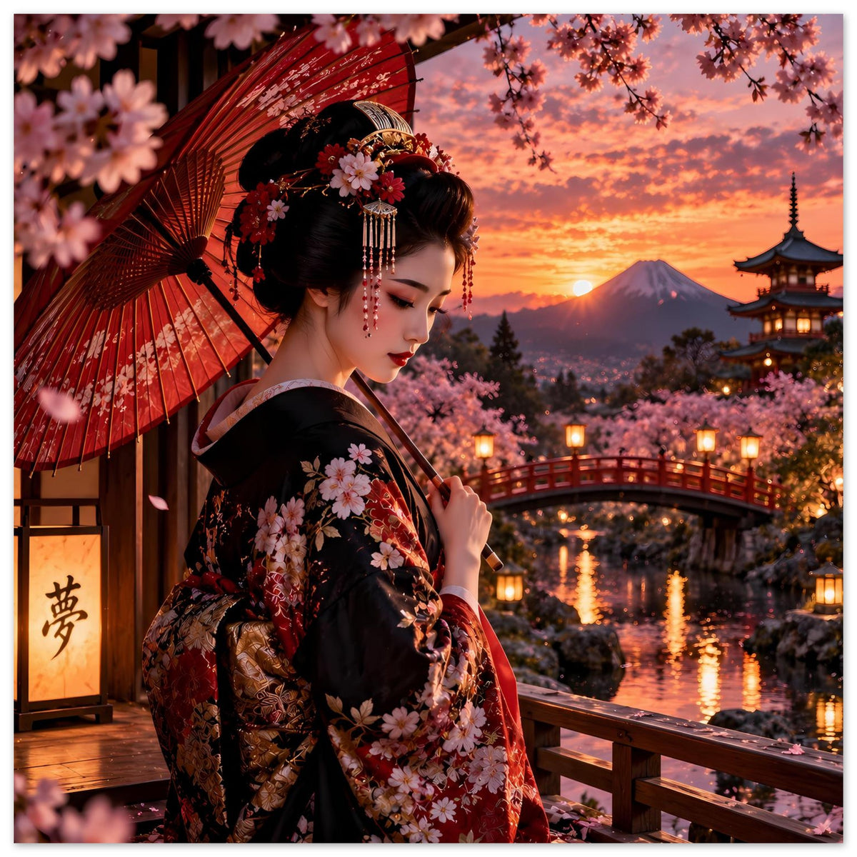 Poster mit japanischer Frau im Kimono, rotem Schirm und Pagode bei Sonnenuntergang