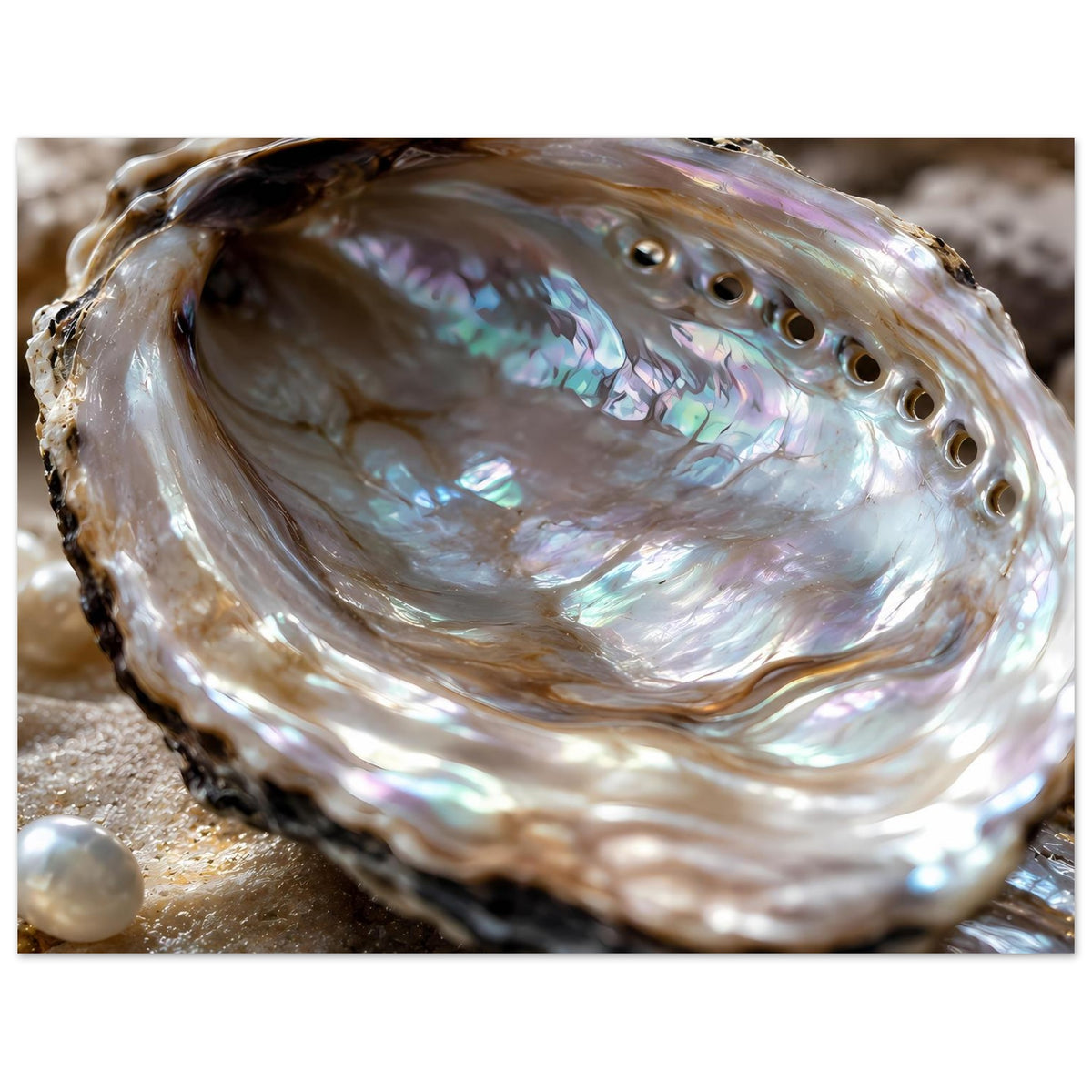 Poster mit Abalone-Muschel, schimmernde Perlmuttoberfläche und seitlich sichtbare Perle