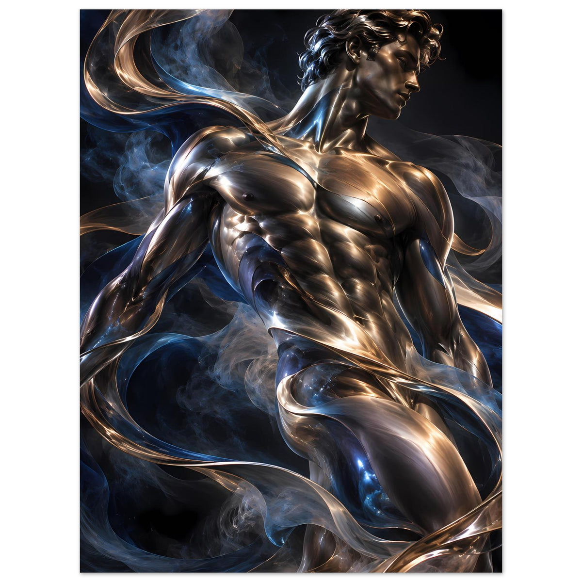 Kunstposter mit männlicher Metallfigur, gold-silbernem Glanz und blauen Rauchwirbeln